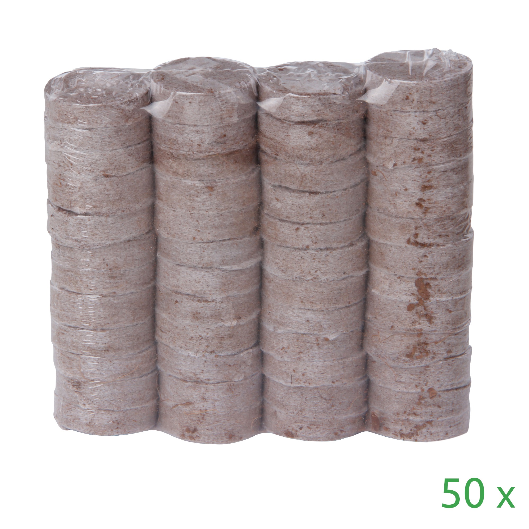Paquete de 50 pastillas de coco yourGEAR Coco Disc Plus para germinación y siembra, comprimidas, redondas, de 3 cm de diámetro, envueltas en film plástico transparente, ideales para cultivo sostenible sin turba.
