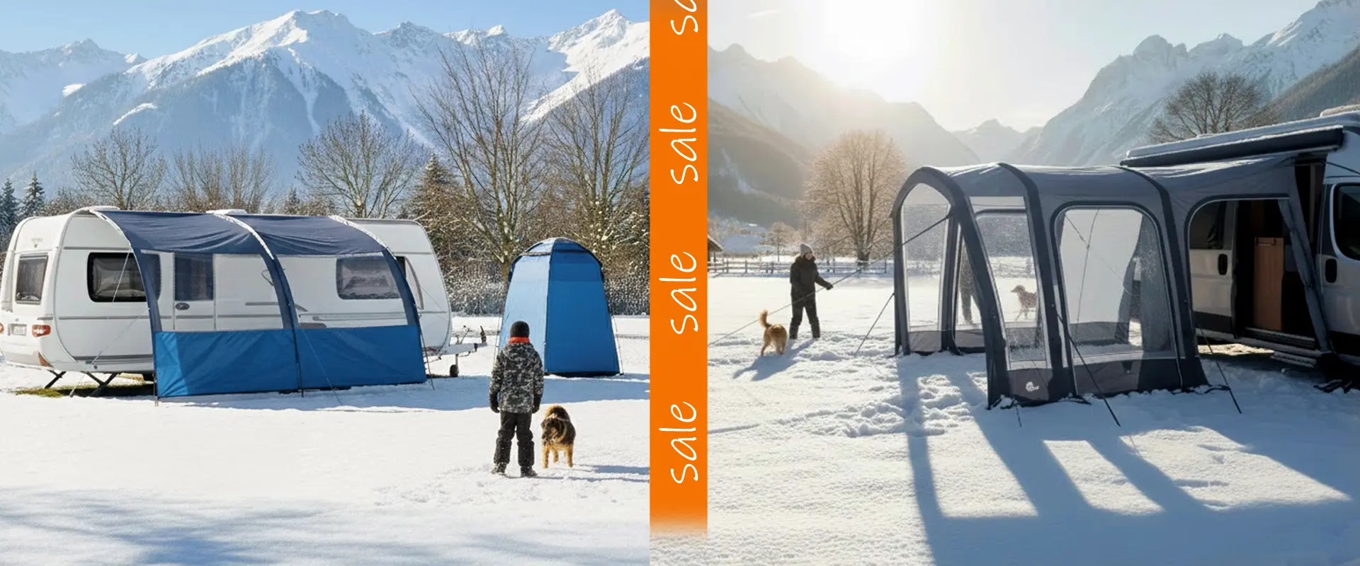 Zwei Wohnwagen mit Vorzelten im verschneiten Wintercampingplatz, Berge im Hintergrund, Menschen mit Hunden im Schnee, orange „Sale“-Banner in der Bildmitte.