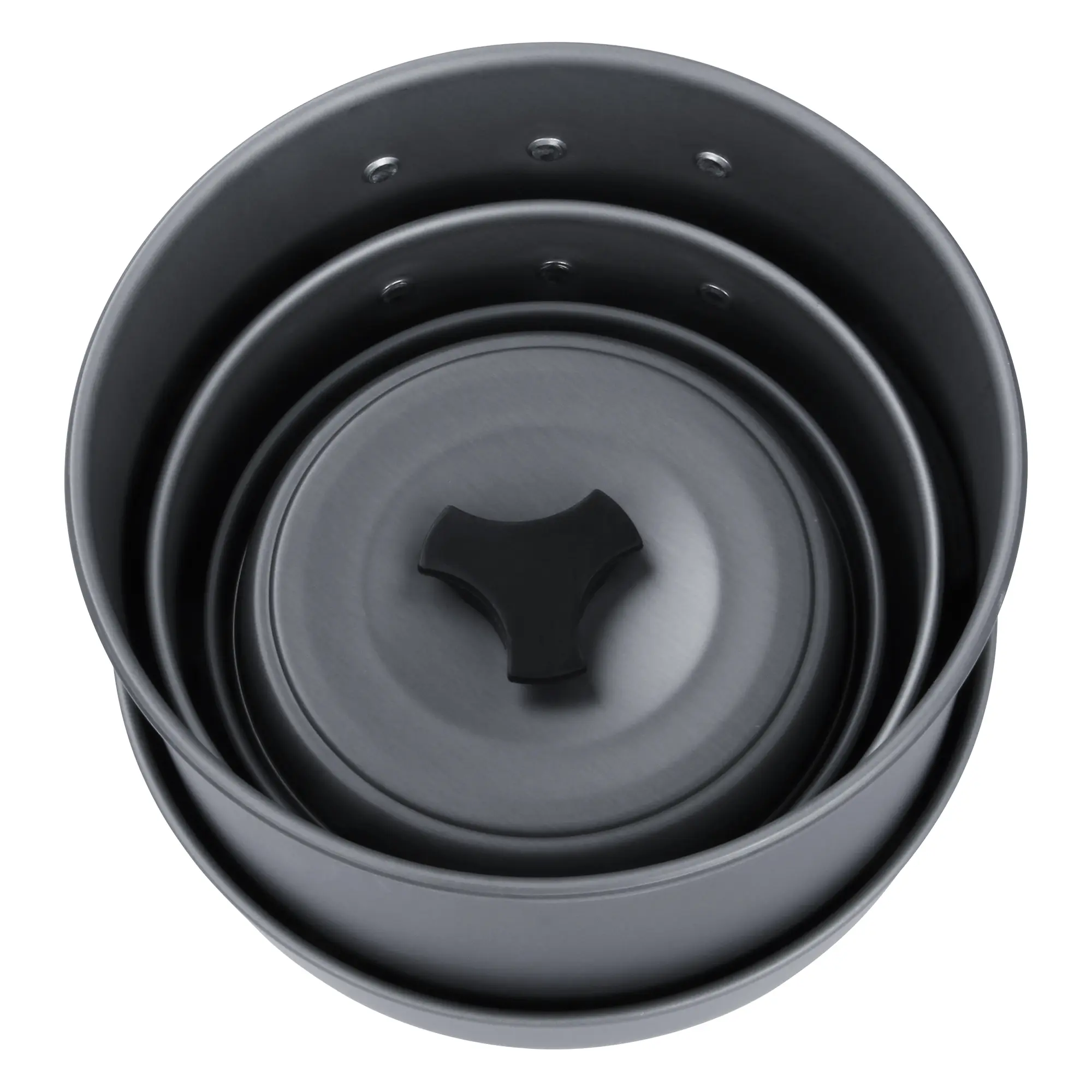 your GEAR Ranger V camping cookware set for 4-5 people, 7-piece nesting pots and pans in dark grey, shown stacked with lids, ideal for outdoor cooking and compact storage.