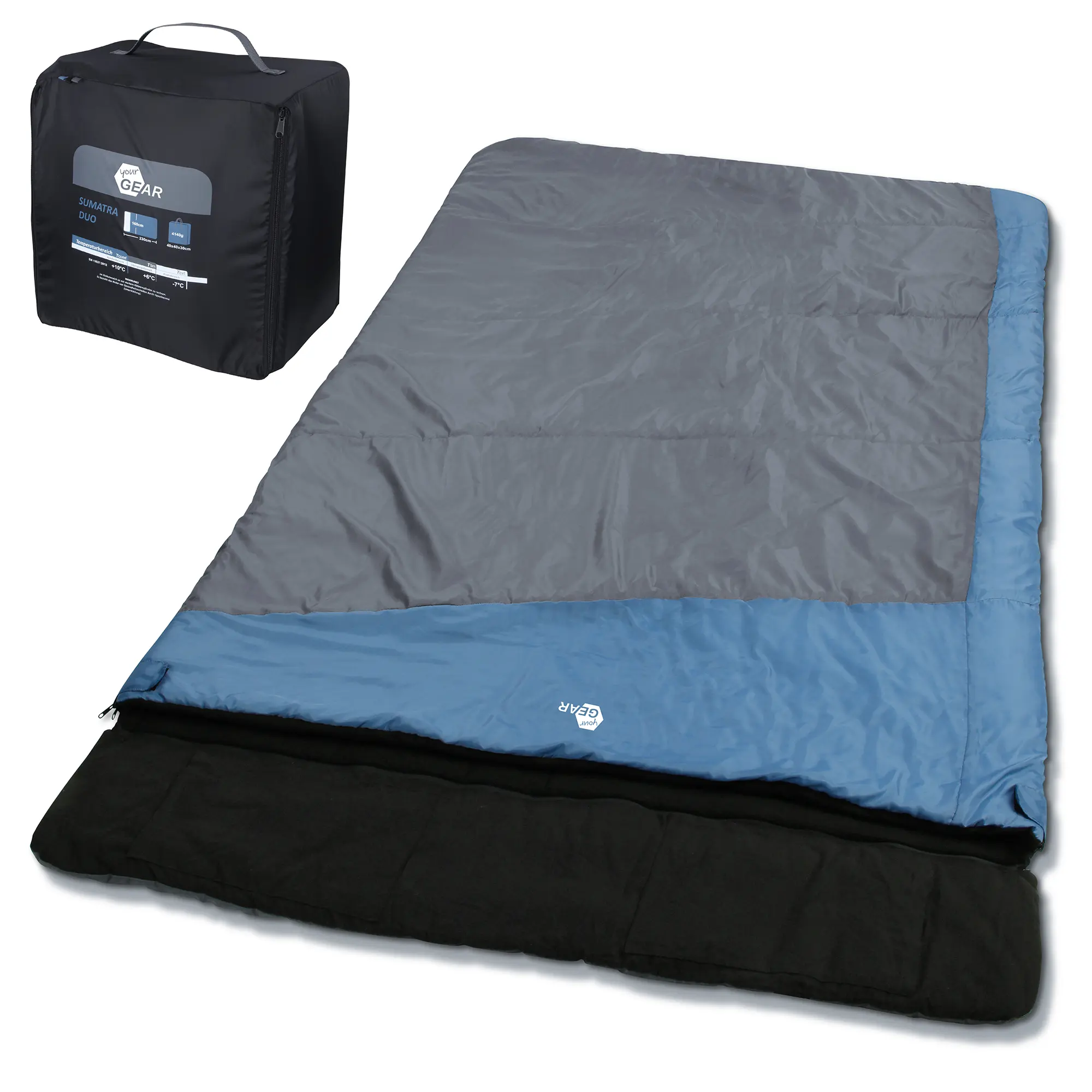 yourGEAR 2 Mann Schlafsack Sumatra Duo, XXL Deckenschlafsack für 2 Personen, grau-blau, 230x160cm, mit abtrennbarem Kopfteil und Transporttasche, Futter aus 100% Baumwolle, geeignet für -7°C.