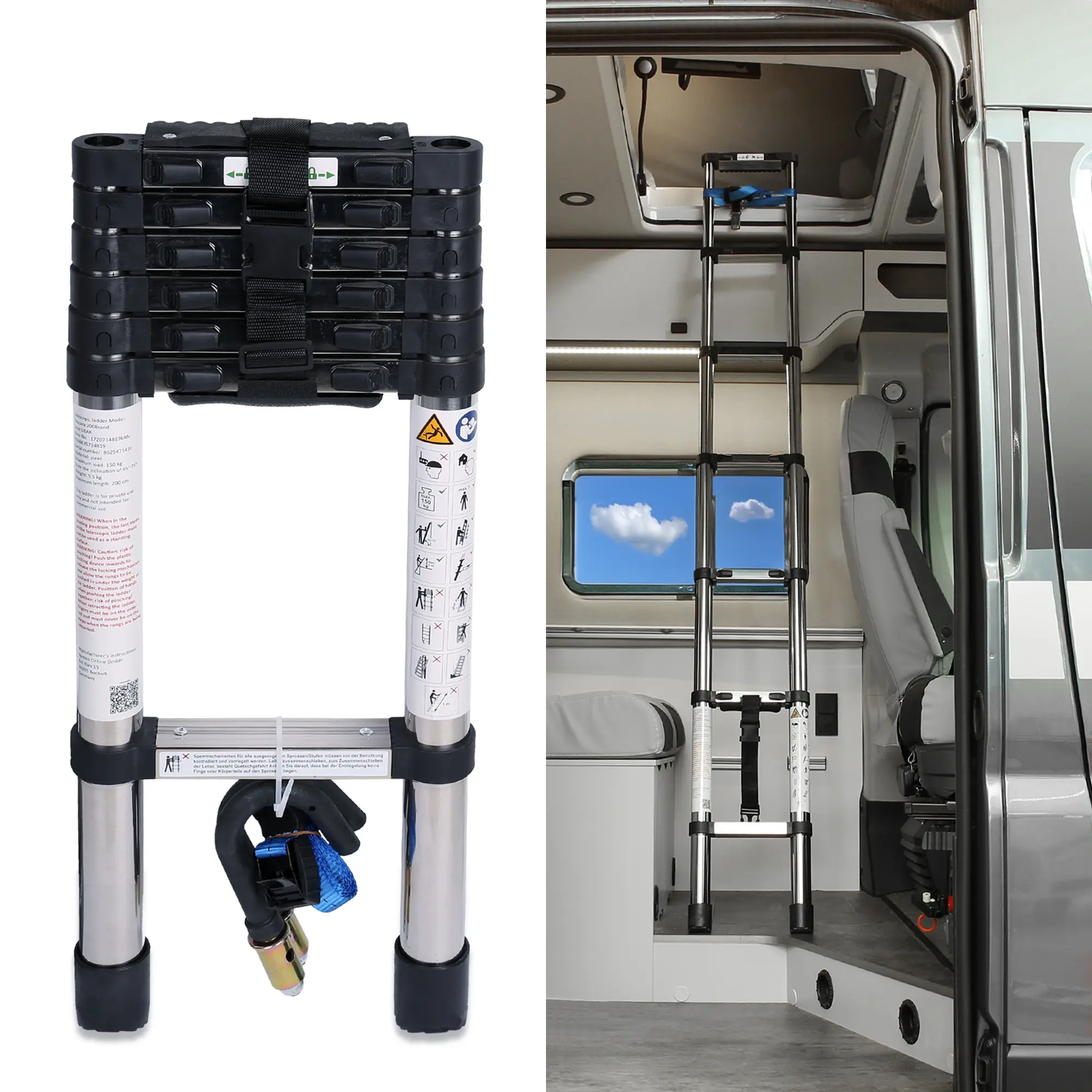 your GEAR Pescara - 2 m Teleskopleiter aus Stahl, schmale Ausführung, ideal für Aufstelldach
