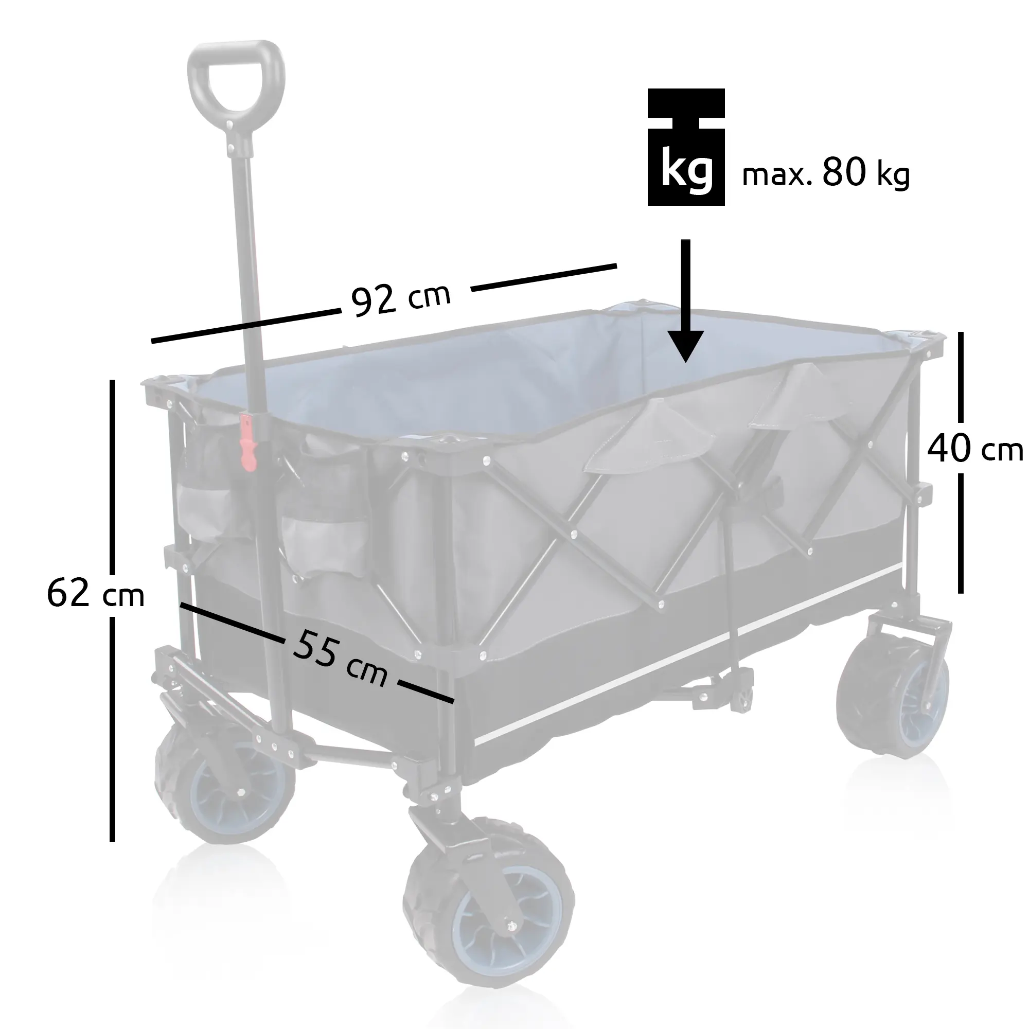 yourGEAR faltbarer Bollerwagen XXL mit 10 cm breiten Reifen, großem Innenraum (92 x 55 x 40 cm), höhenverstellbarem Griff, 2 Getränkehaltern, max. Traglast 80 kg, ideal für Strand und Outdoor.