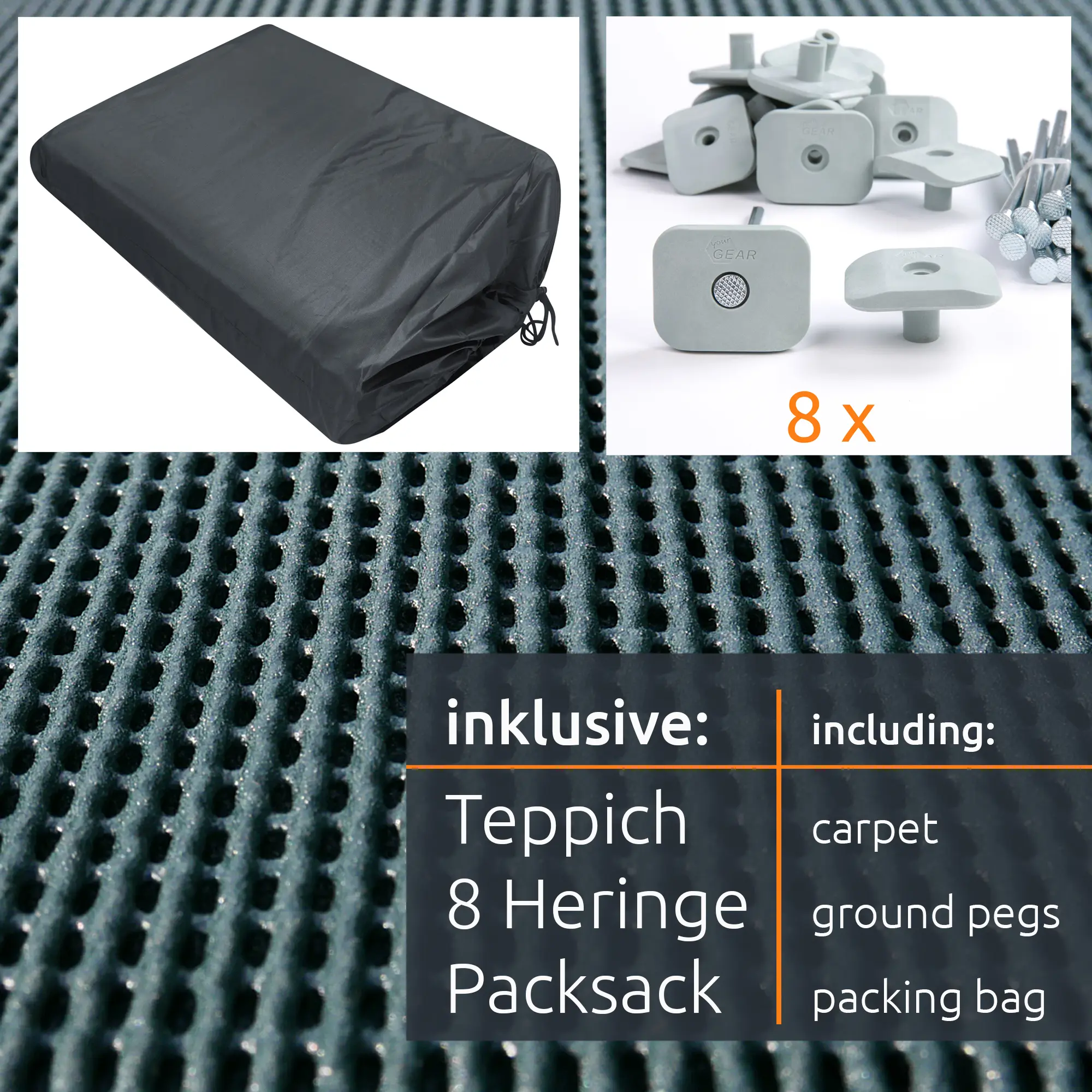 Alfombra de exterior your GEAR 250x400 cm con estructura porosa y revestimiento suave, incluye 8 piquetas y bolsa de transporte negra. Ideal para caravana, resistente y transpirable.