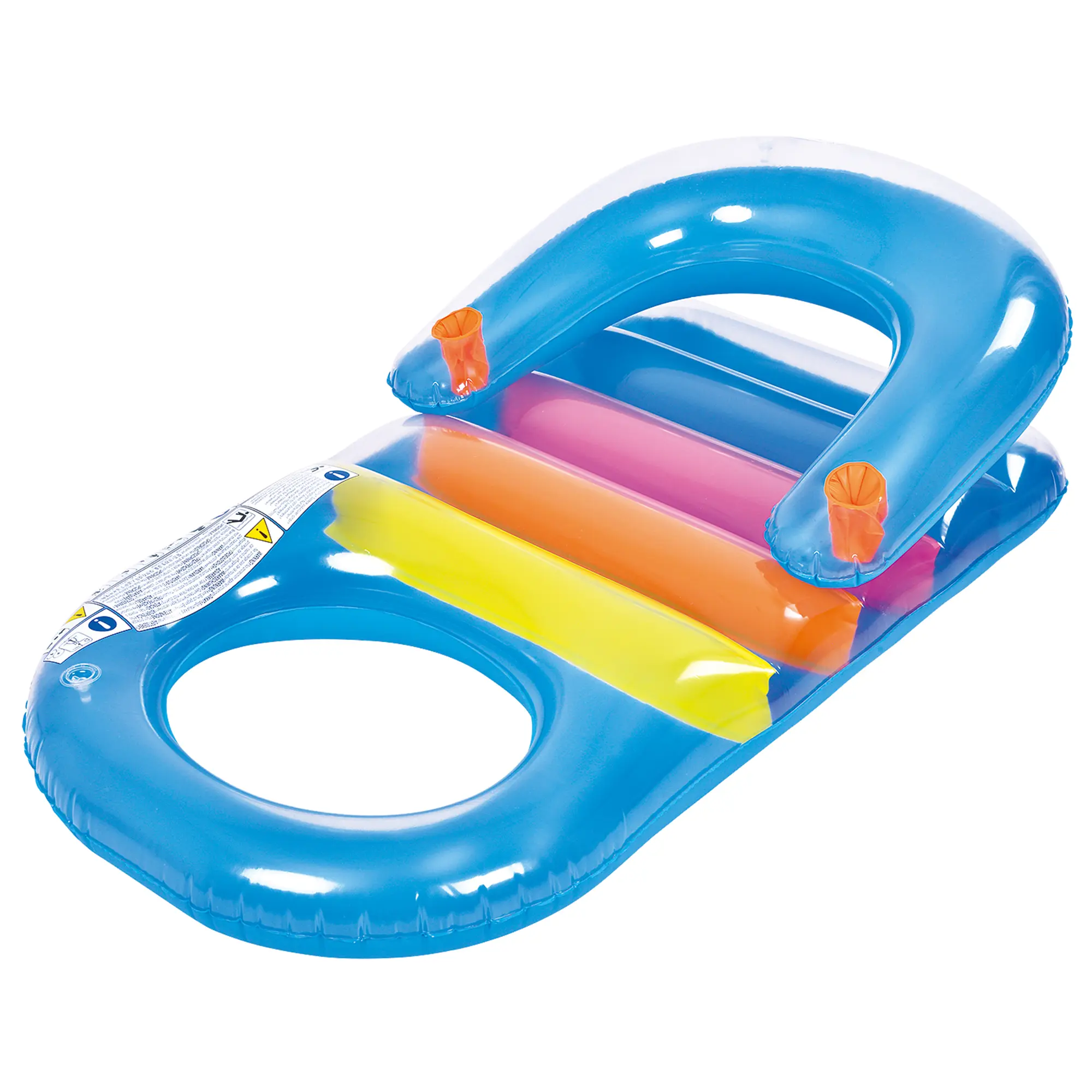 Inflatable Jilong Fashion Lounge Floater, 150x86 cm, blue pool chair with colorful stripes, backrest, cup holders, and circular opening, designed for pool or beach relaxation.