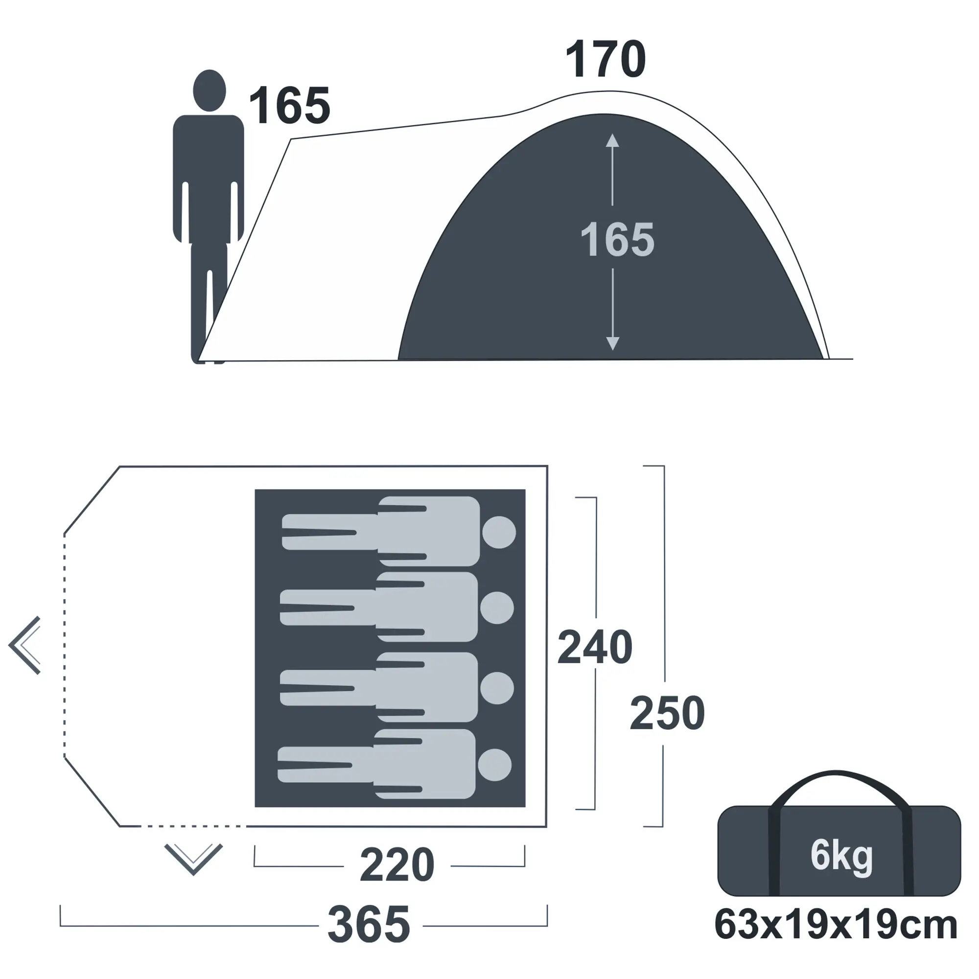Kuppelzelt your GEAR Cetona 4 für 4 Personen, mit 165 cm Stehhöhe, Seiteneingang, 2,8 m² Wohnraum, Packmaß 63x19x19 cm, Gewicht 6 kg, Grundfläche 240x220 cm, Gesamtmaß 365x250 cm, Farbe Blau-Grau.