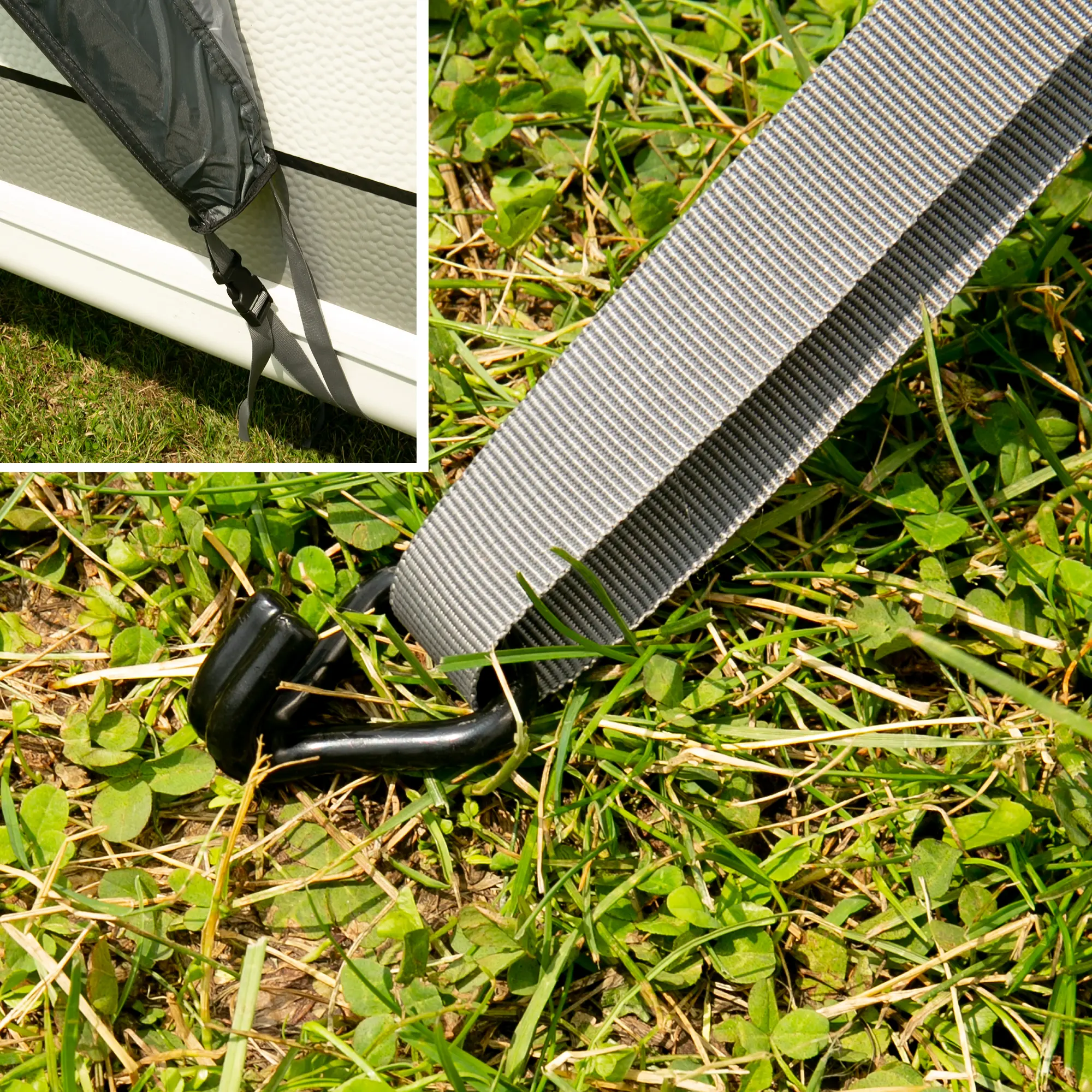 Detailaufnahme der Befestigung des your GEAR Tarent 180 Air Vordachs am Wohnmobil: Gurt mit Haken im Gras, stabile Verbindung am Fahrzeug, idealer Wetterschutz für Caravan oder Wohnwagen.
