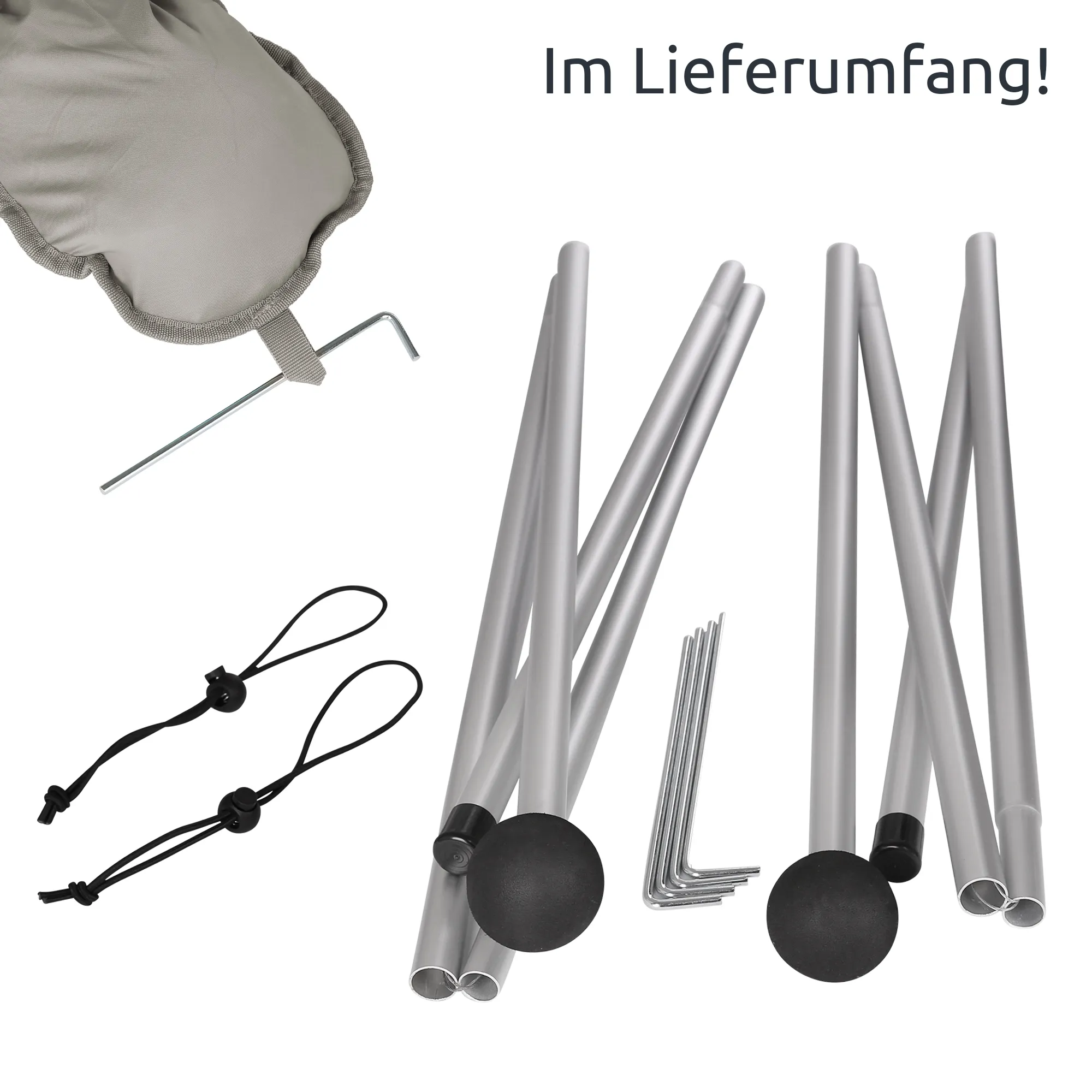 Pièces du shelter de plage your GEAR Cameo : arceaux tubulaires argentés en aluminium, embouts ronds noirs, sardines métalliques, cordons élastiques avec stops et sac de transport gris — accessoires pour tente/voile solaire 3x3 m UV50+.