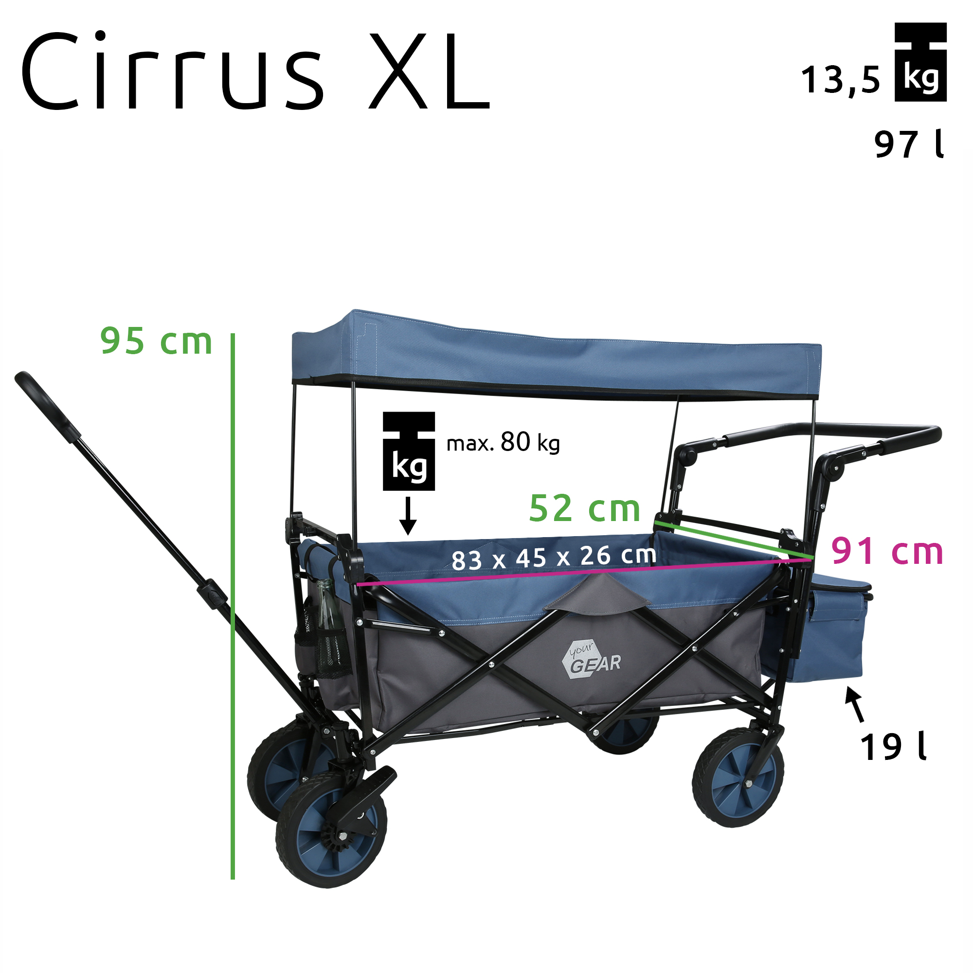 your GEAR Trolley Cirrus XL carro plegable empujar y tirar techo frenos  bolsa nevera máx 80 kg