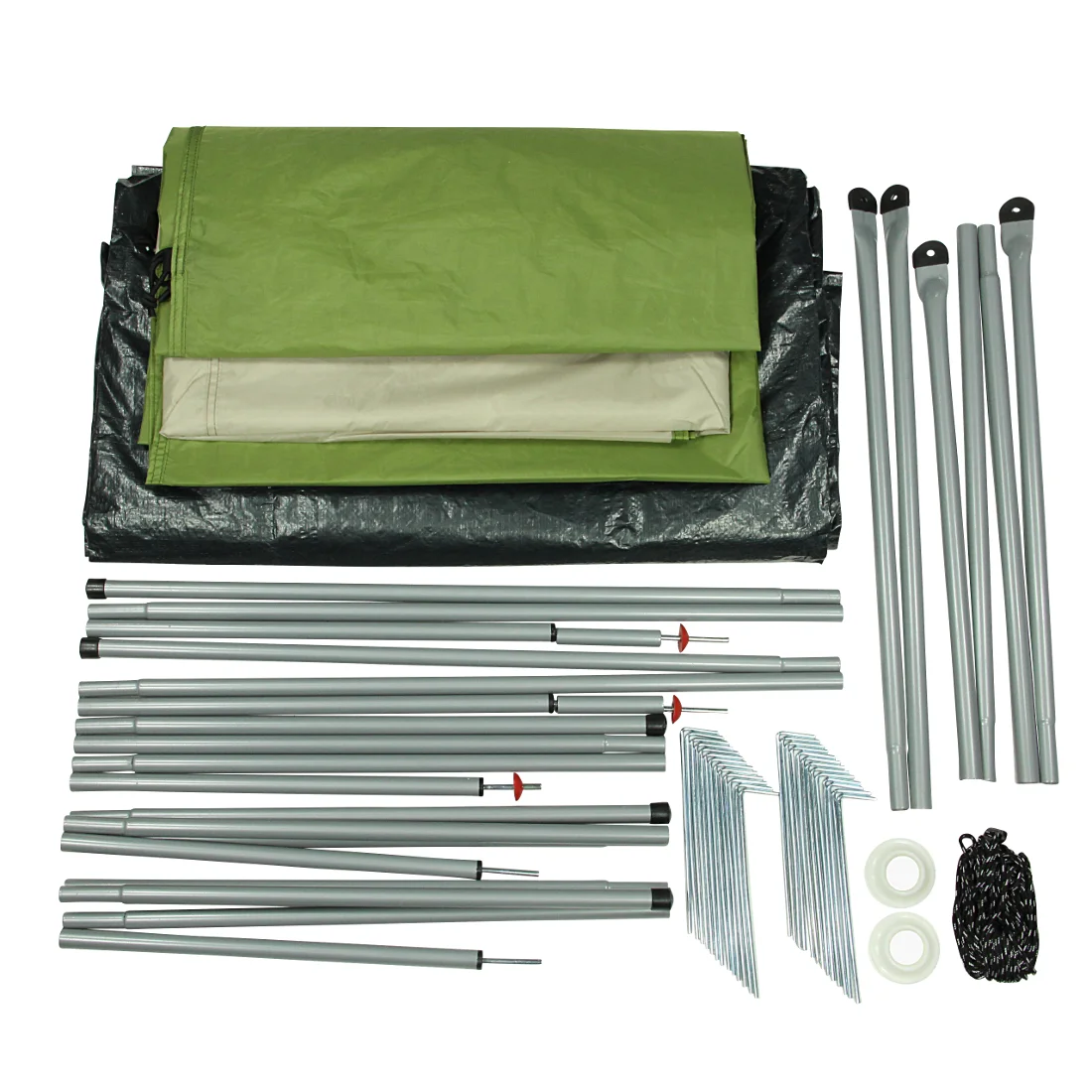 Contenu du kit de tente 10T Mungaroo 3 personnes : toile verte et noire pliée, arceaux métalliques, piquets, cordes et accessoires, idéal pour le camping, imperméable 3000mm et grande hauteur intérieure.