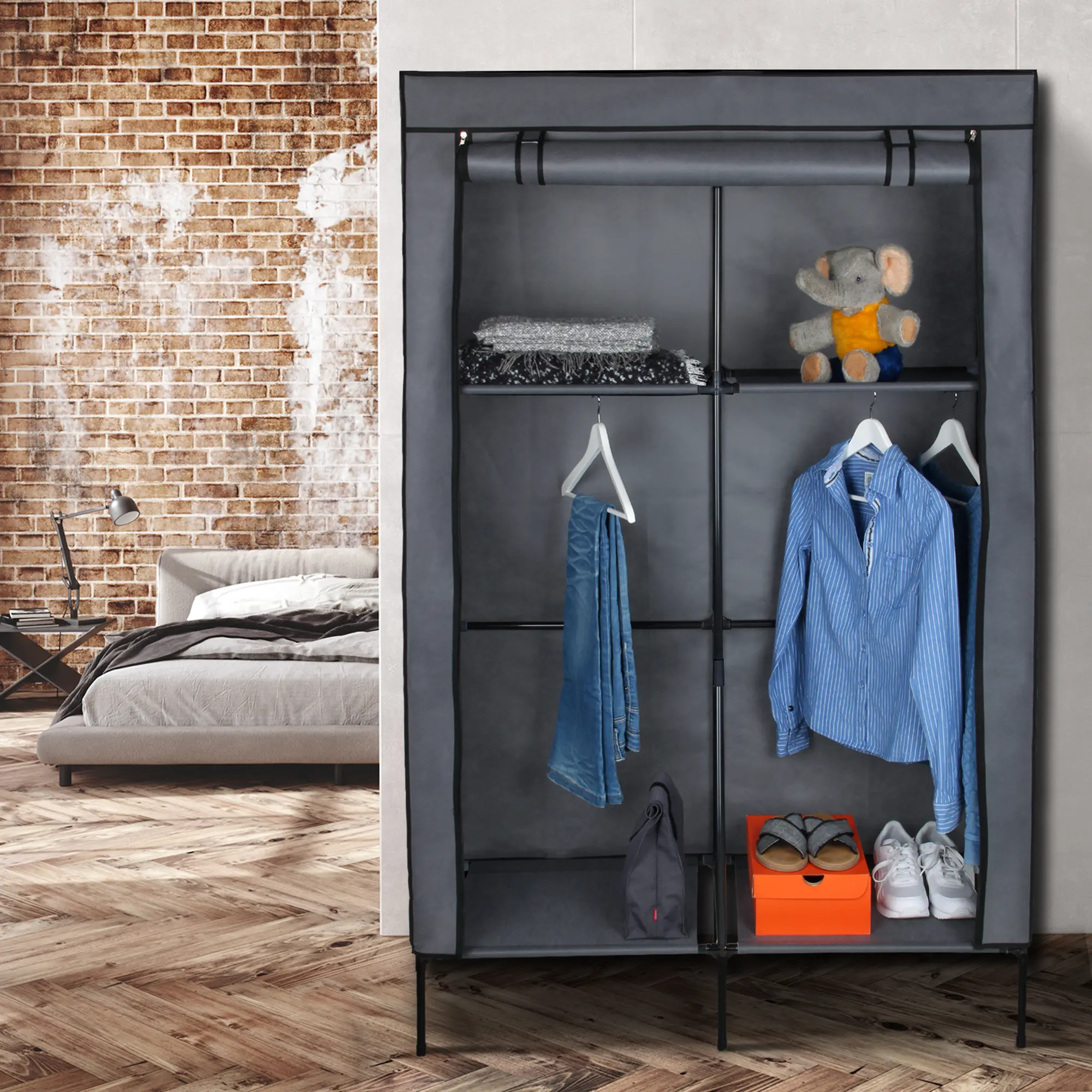 yourGEAR fabric wardrobe Grado 108x45x175 cm in black and grey, with 2 hanging rails and 4 shelves, shown open and organized with clothes, shoes, and accessories, in a modern bedroom setting.