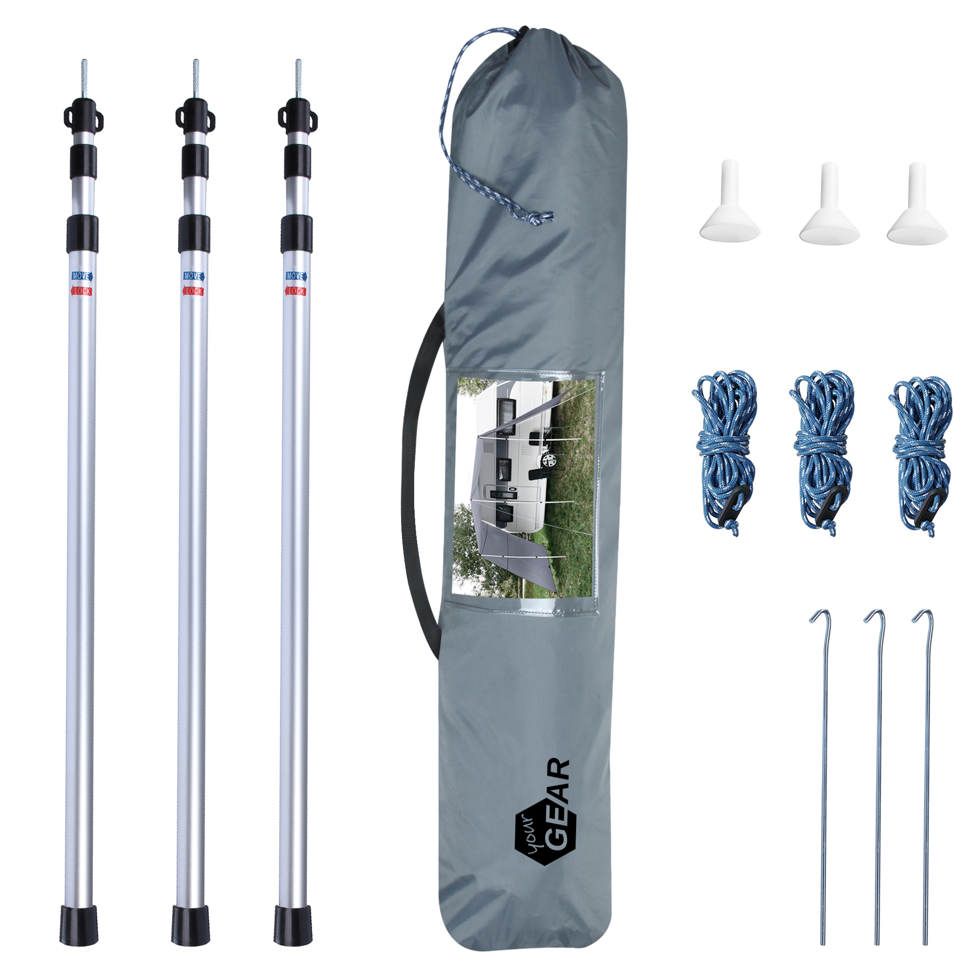 your GEAR Teramo 300 Sonnendach-Set für Wohnwagen: drei Aluminium-Teleskopstangen, graue Transporttasche mit Produktbild, drei Abspannseile, drei Heringe und drei Kunststofffüße, ideal als UV 50+ Wetterschutz.