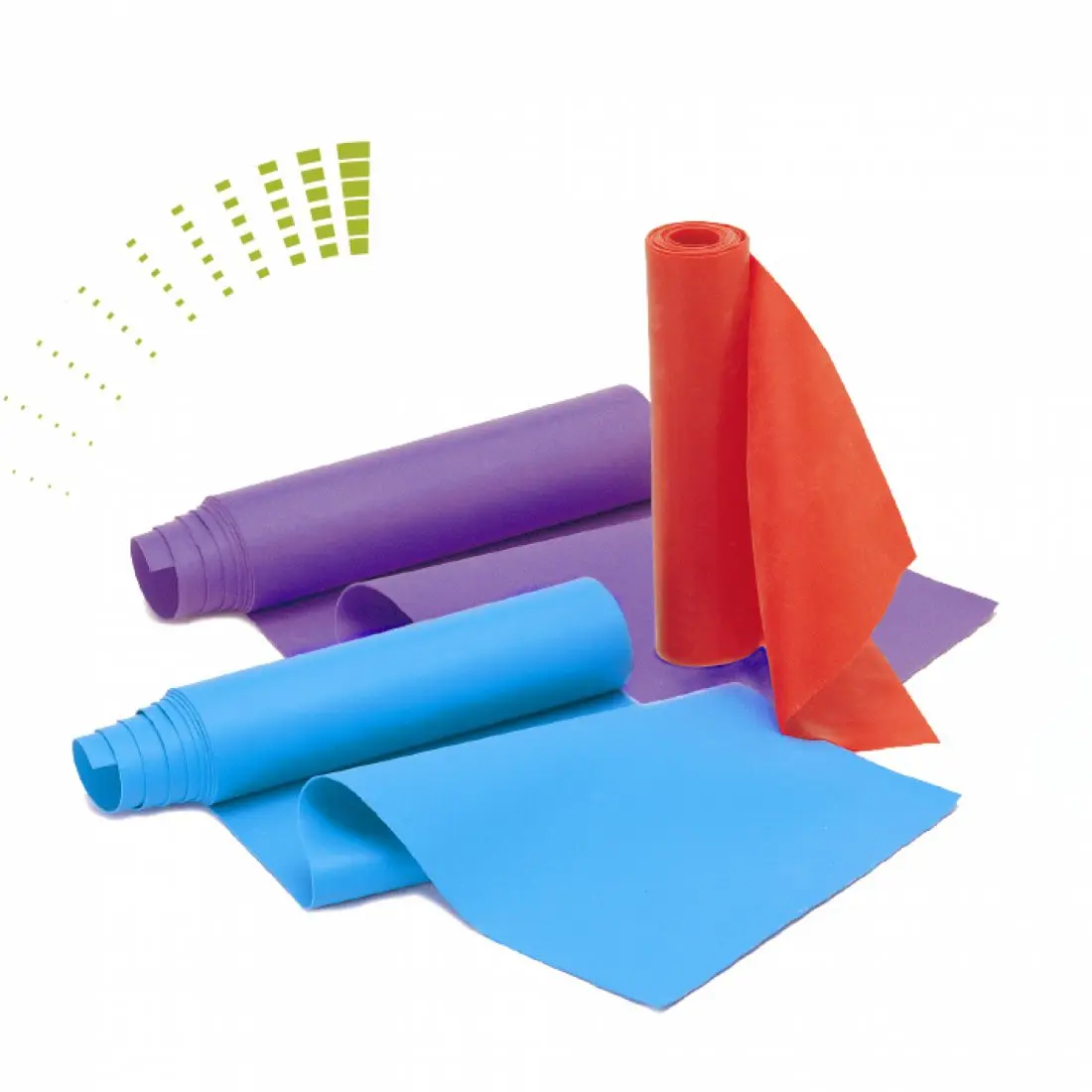 Set di 3 fasce elastiche Carnegie Fitness in lattice, colori blu, viola e rosso, ciascuna con diverso livello di resistenza per allenamento muscolare, dimensioni 120x15 cm, arrotolate e distese.