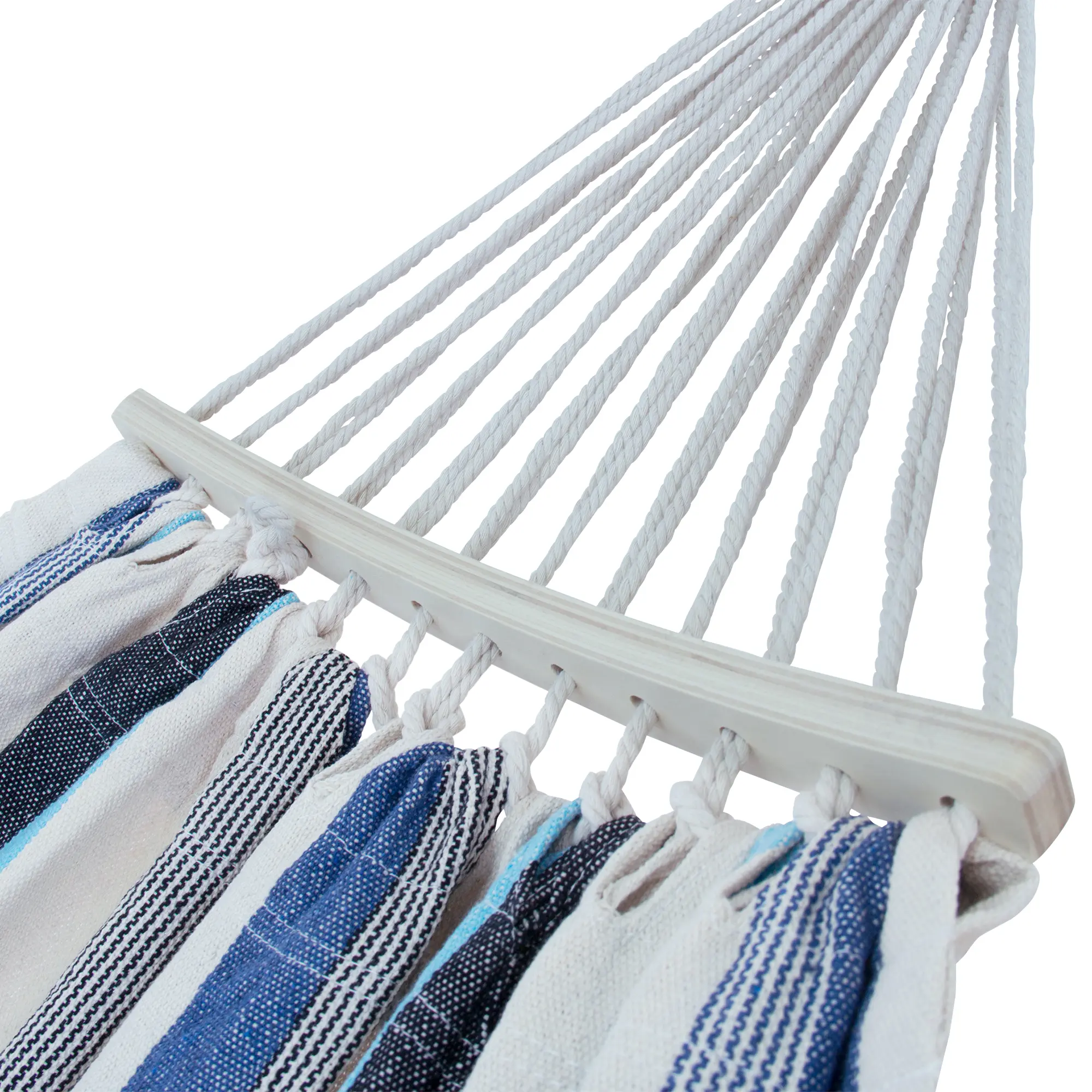 Detail view of the yourGEAR Bali Aqua hammock with sturdy white ropes, wooden spreader bar, and blue-striped cotton fabric, highlighting durable construction and high-quality materials for indoor and outdoor use.