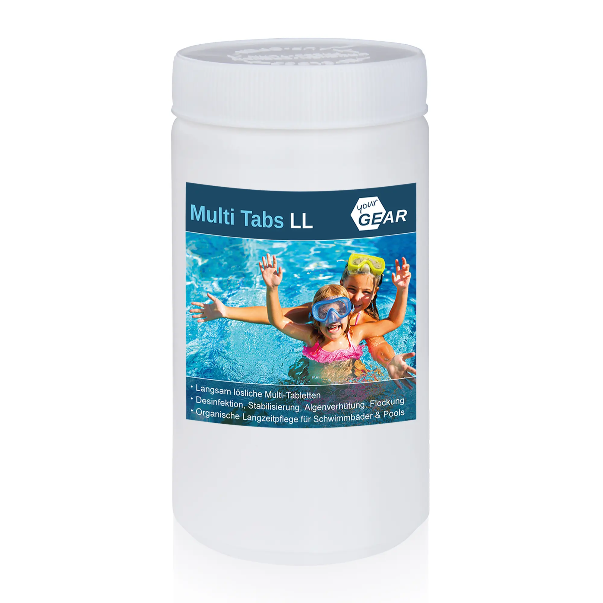 Barattolo yourGEAR Multi Tabs LL da 1 kg per piscina, etichetta blu con immagine di bambini che nuotano, indicazioni su cloro, prevenzione alghe, stabilizzazione pH e flocculazione per acqua cristallina.