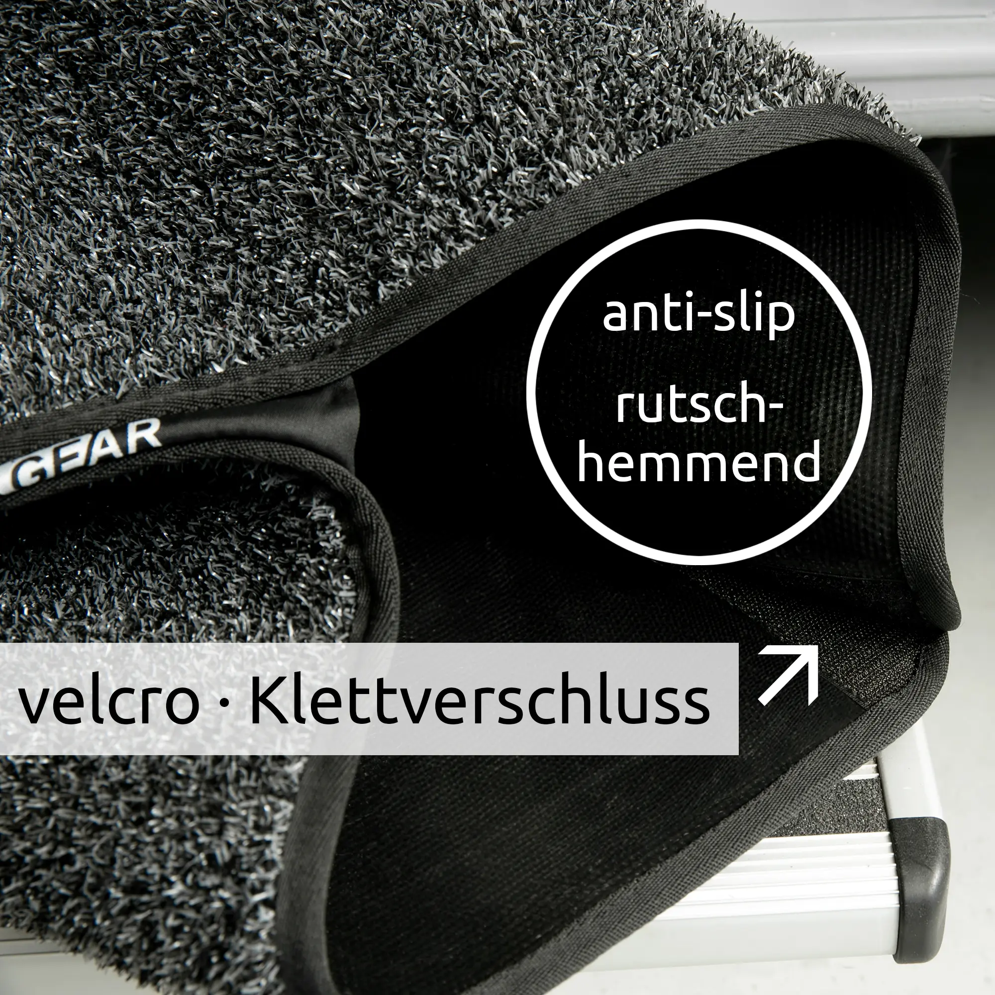 your GEAR Mantua 55 x 28 cm step mat for motorhome, shown with textured, anti-slip surface and black edging. Features Velcro fastener for easy attachment to step. Suitable for Thule/Lippert steps.