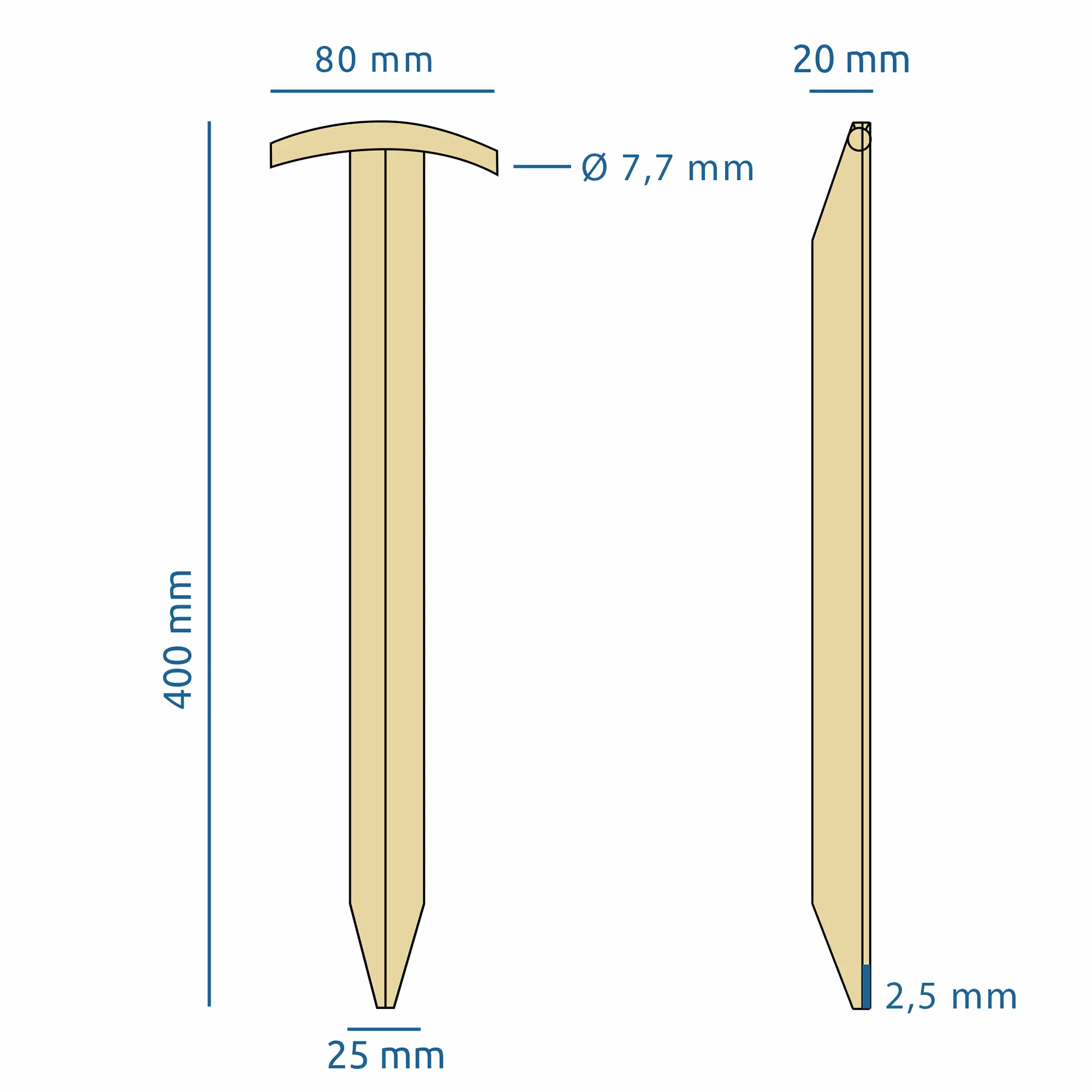 Hering de tente en acier your GEAR TT 400, profil en T, dimensions 400 x 80/25 x 20 mm, robuste et long, avec tête arrondie, pointe biseautée et trou de 7,7 mm pour fixation, idéal pour grandes tentes.