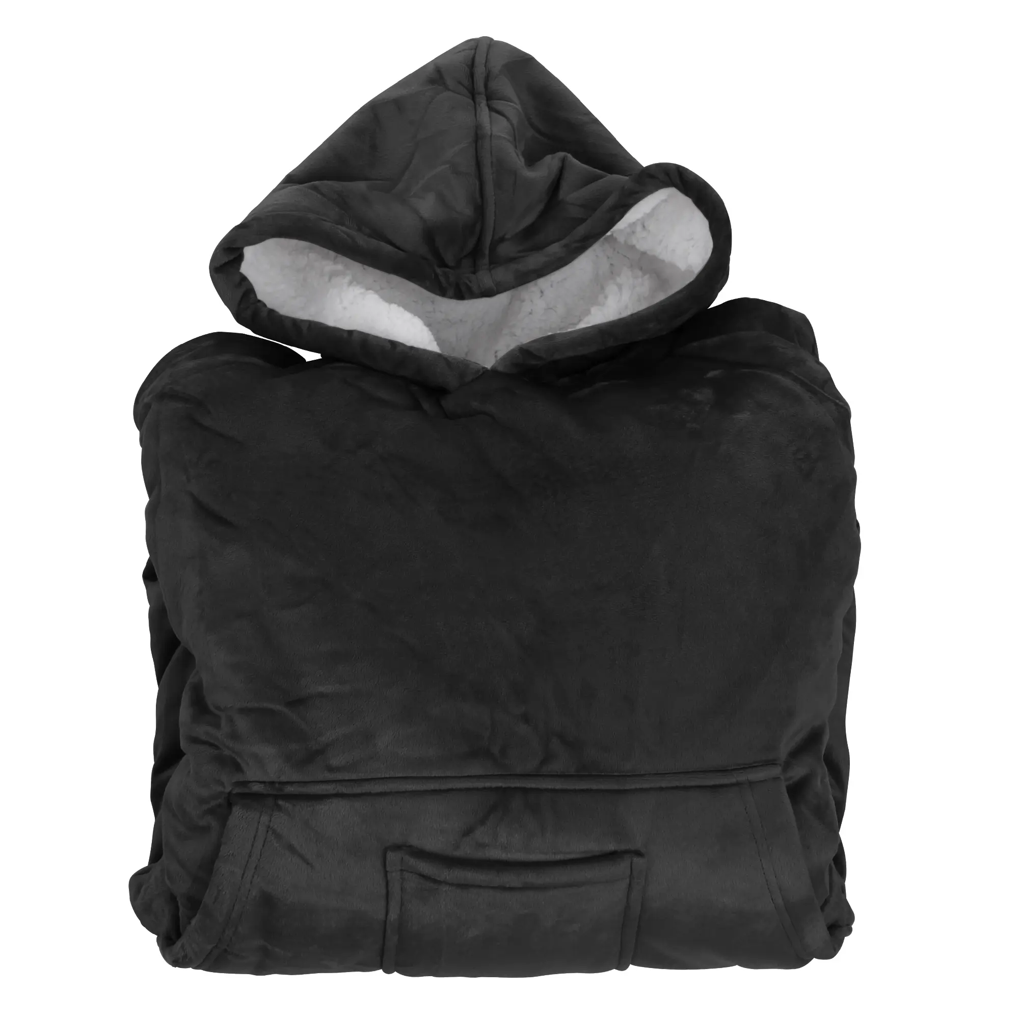 yourGEAR Davos Sherpa Hoodie Blanket in black, unisex XXXL, featuring a large hood, soft velour exterior, white sherpa lining, and a front pocket. Cozy, lightweight wearable blanket for men, women, and kids.