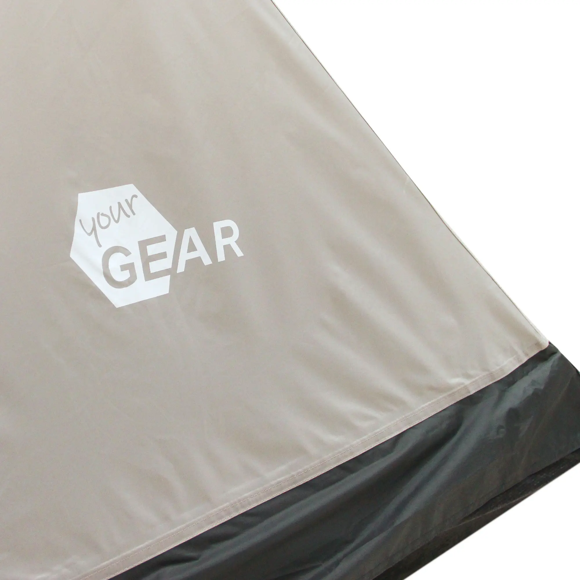 Close-up of your GEAR Lido 370 tipi tent fabric in beige with white logo, showing waterproof material and sturdy stitching, suitable for 4 people, camping, and outdoor use.