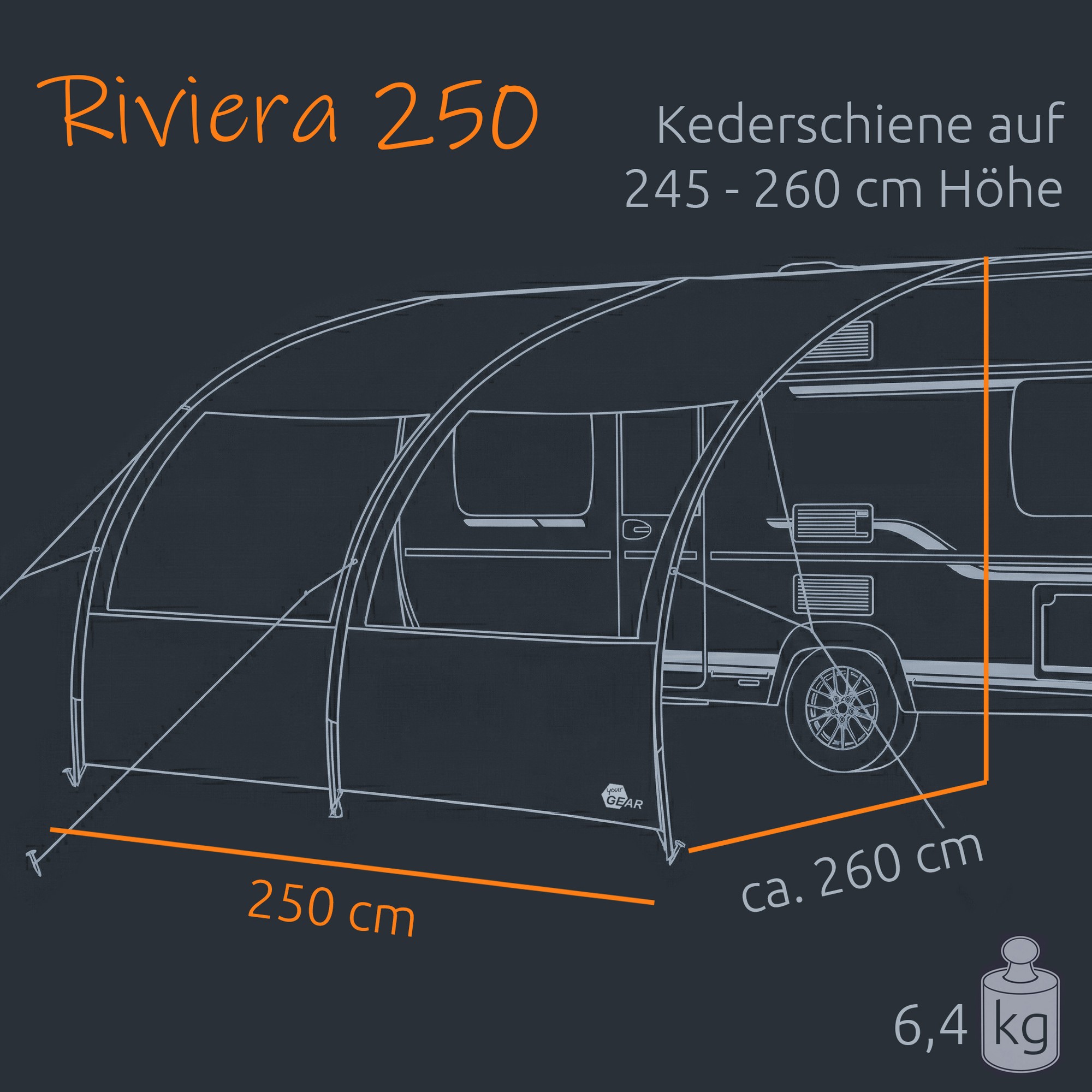 Toldo/Vorzelt your GEAR Riviera grey 250 cm, Vordach para caravana/autocaravana 2,5×2,6 m en gris, estructura arqueada con ventanas laterales, protección solar UV50+, peso aprox. 6,4 kg, montaje por keder a 245–260 cm.