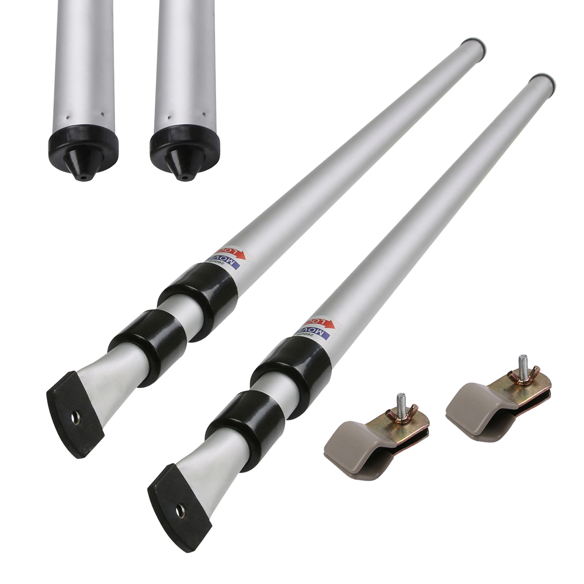 Par de varillas telescópicas delanteras your GEAR en aluminio plateado con extremos de goma y platinas de sujeción, ajustables 108–260 cm para presionar el toldo/parte delantera del caravan y sellar contra la pared.