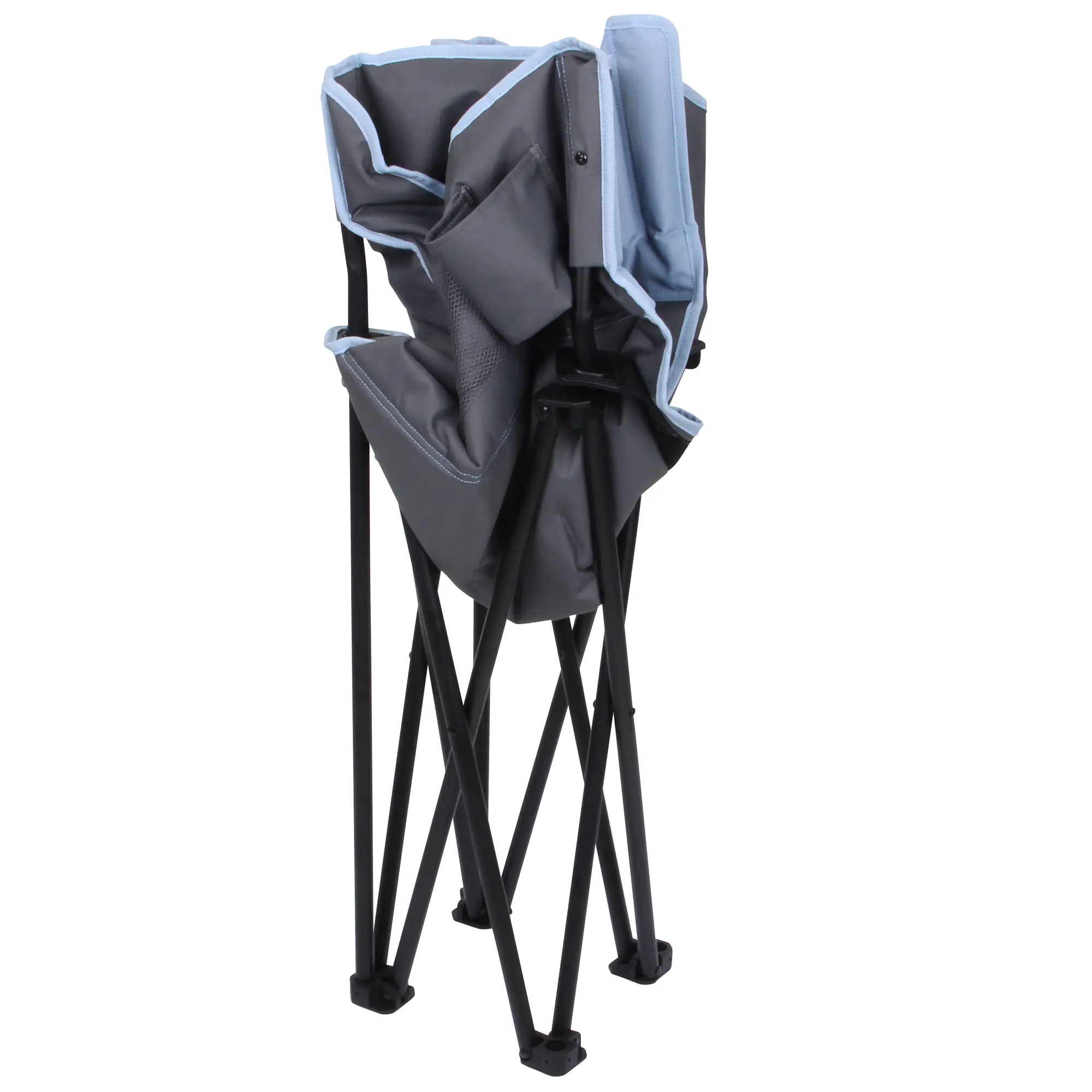 Silla de camping plegable 10T Jace Arona XXL en azul y gris, estructura robusta de metal, asiento acolchado, portavasos y bolsillo lateral, compacta para transporte, soporta hasta 130 kg.