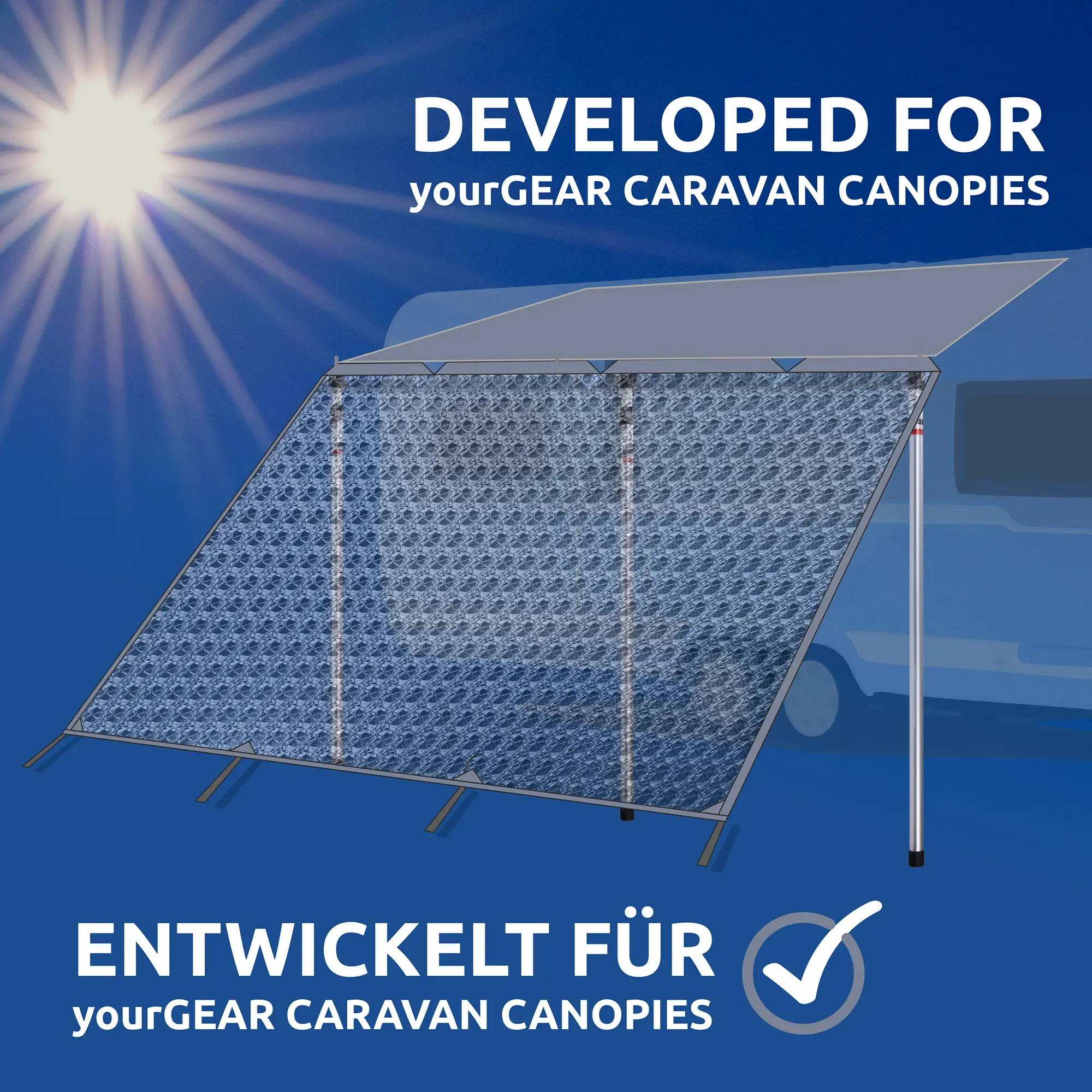 Sun blocker front wall your GEAR Procida 300x200 cm, shown attached to a caravan canopy with three poles, mesh pattern, designed for sun protection for caravans, text highlights compatibility.