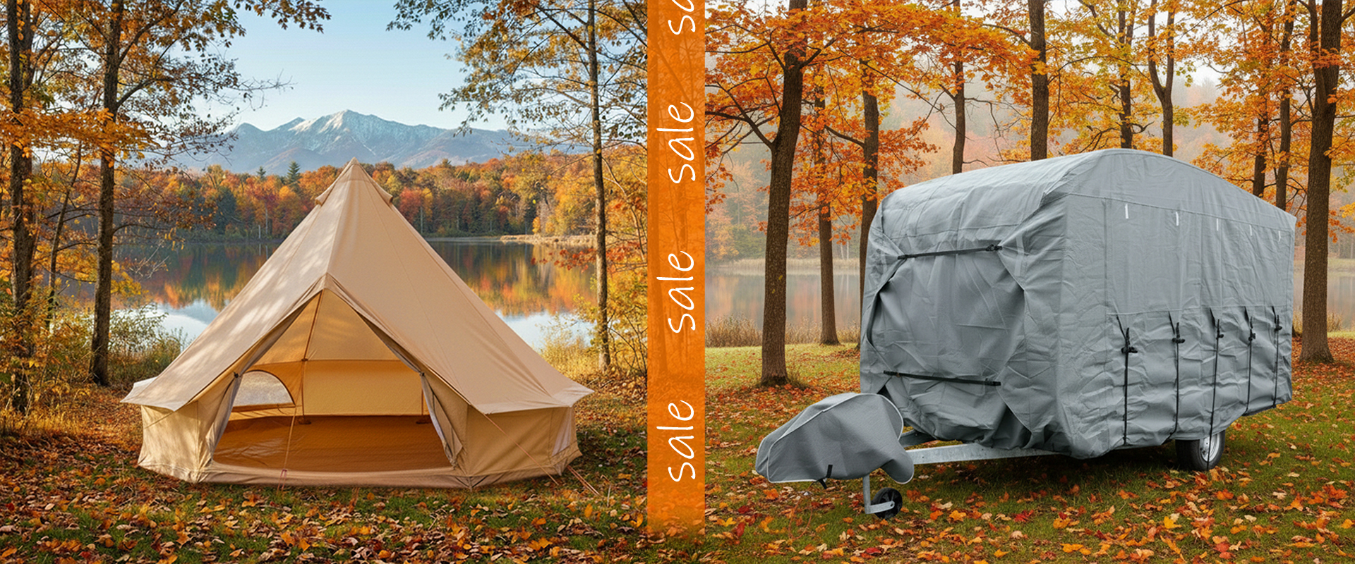 A beige tent and a covered trailer are set up in an autumn forest by a lake, with a "sale" banner in the center.