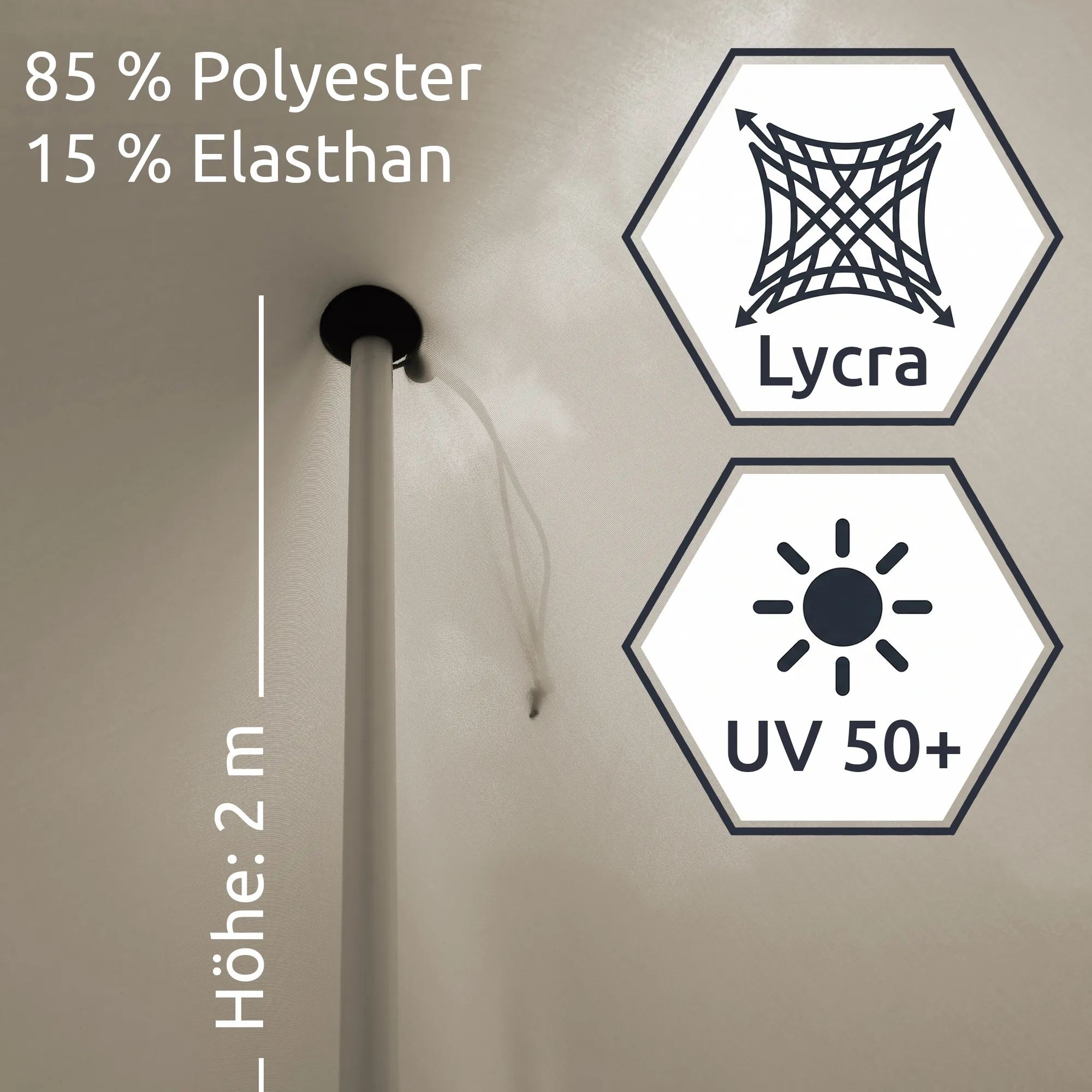 Intérieur d'une tente de plage your GEAR Cameo 3x3 m en Lycra beige, poteau central blanc de 2 m, étiquette indiquant 85% polyester/15% élasthanne et protection solaire UV 50+ visible.