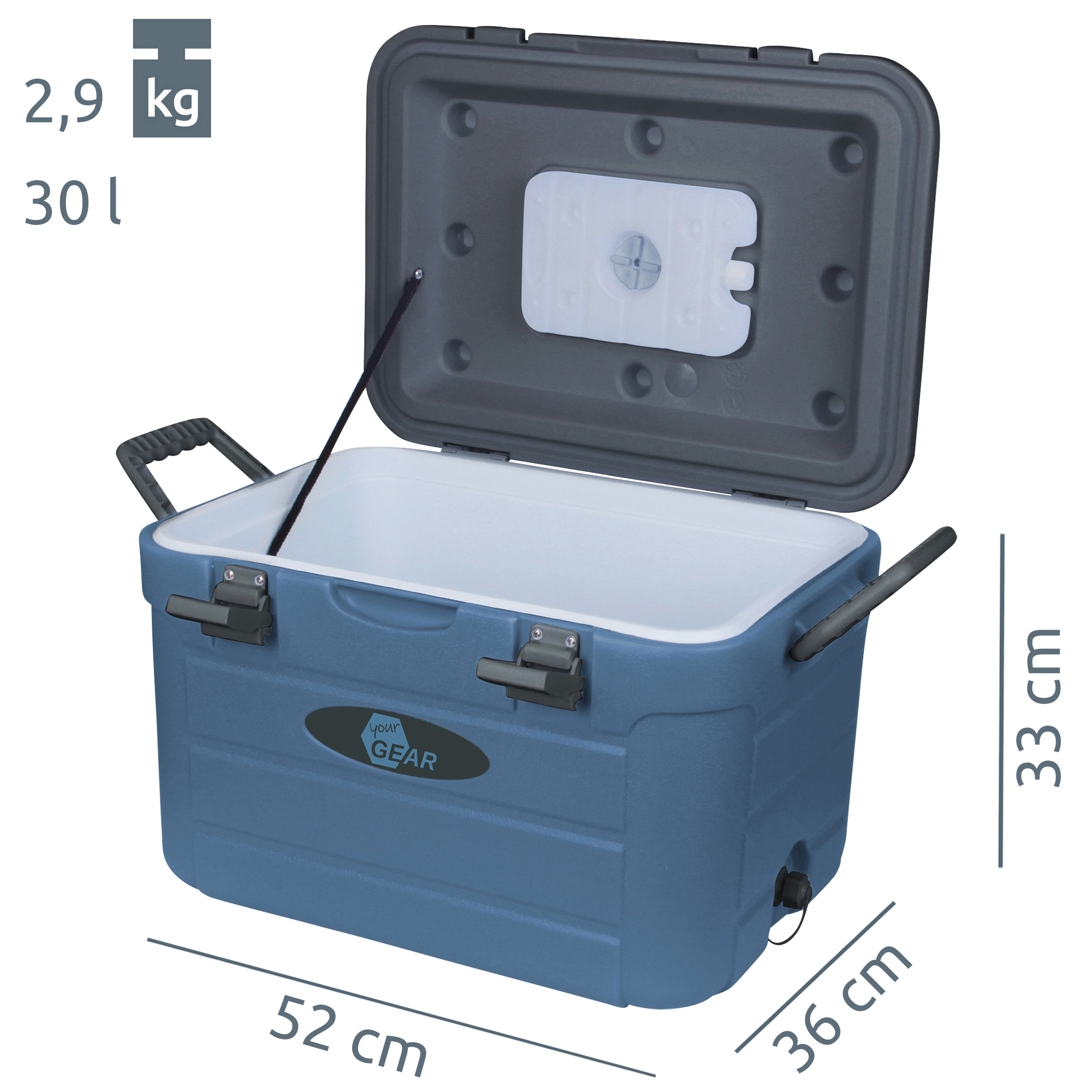 yourGEAR Coolah 30L Kühlbox mit PU-Isolierung, blauer Korpus, seitliche Tragegriffe, aufklappbarer Deckel, Verschlüsse, 2,9 kg Gewicht, Maße 52x36x33 cm, ideal für warme und kalte Lebensmittel.