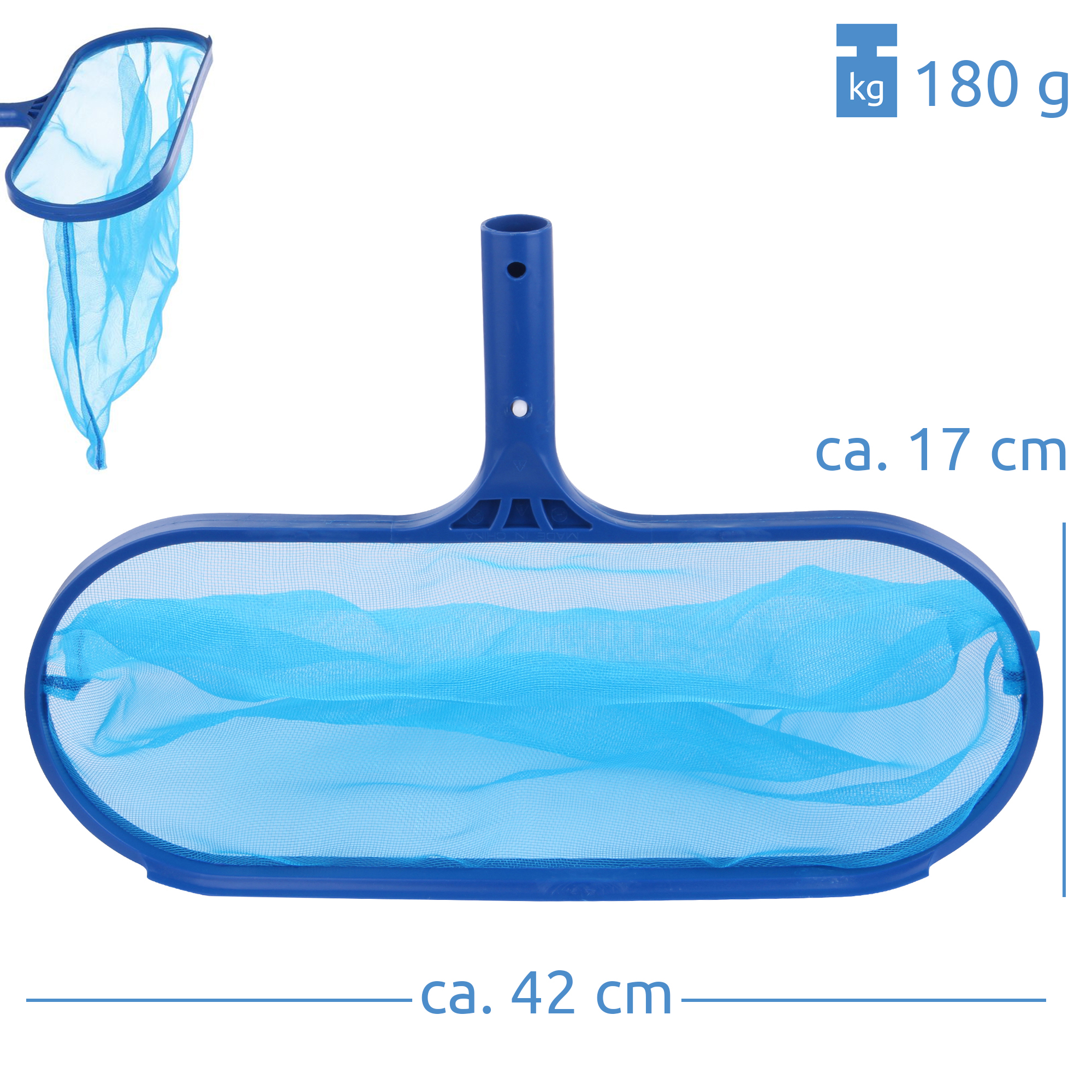 Red de limpieza para piscina yourGEAR, azul, con borde plástico y malla fina, dimensiones 42 x 17 cm, peso 180 g; ideal para recoger hojas y suciedad de la superficie y fondo del agua.