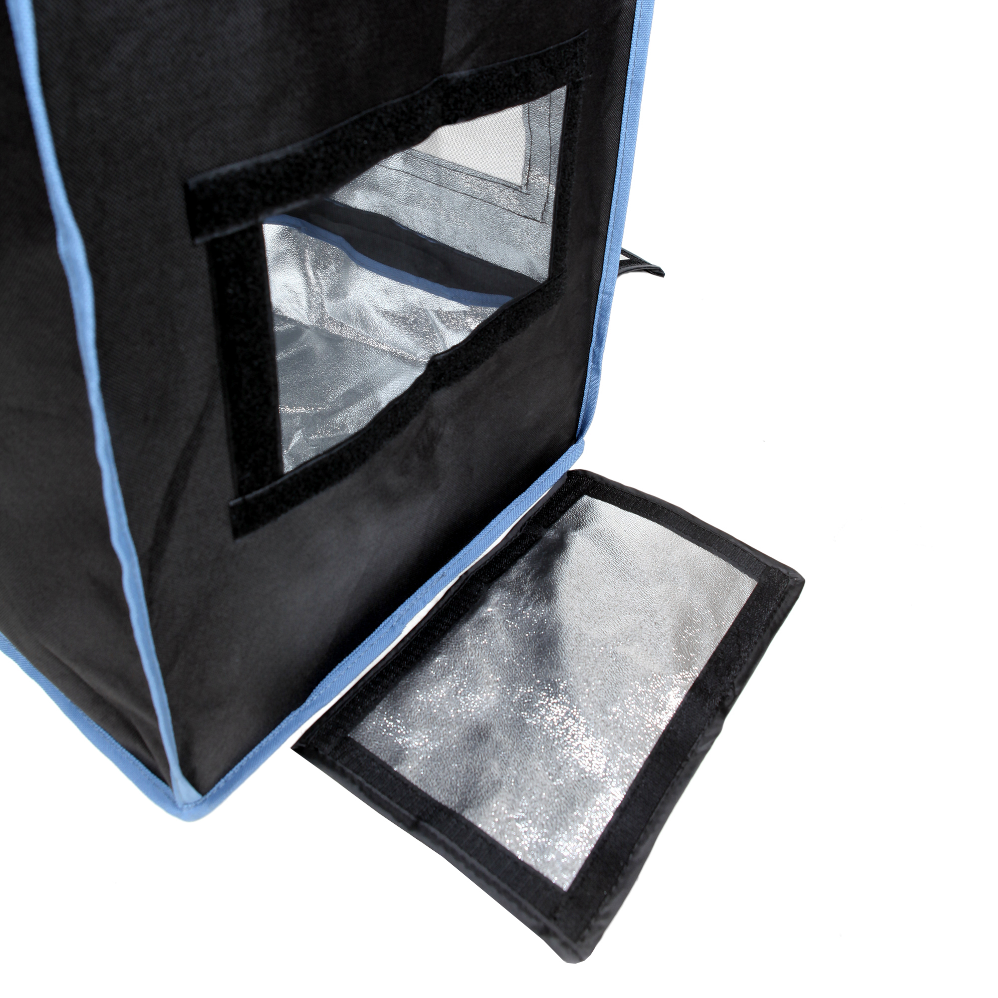 Growzelt yourGEAR Plantsville 40x40x160 cm, schwarzes Indoor Zuchtzelt mit blauem Rand, geöffnetem Sichtfenster und reflektierendem Innenmaterial für optimale Pflanzenanzucht.