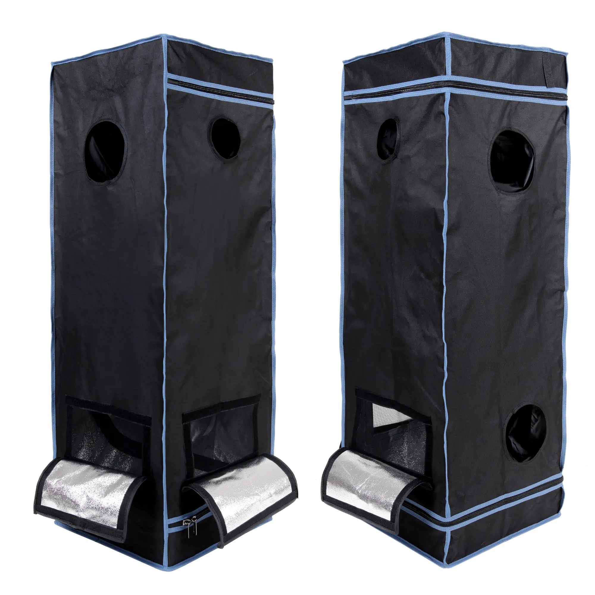 Tente de culture indoor yourGEAR Plantsville 40x40x120 cm, noire avec liserés bleus, fenêtres d’aération, intérieur réfléchissant argenté, idéale pour la culture de plantes à l’intérieur, hydroponie ou jardinage.