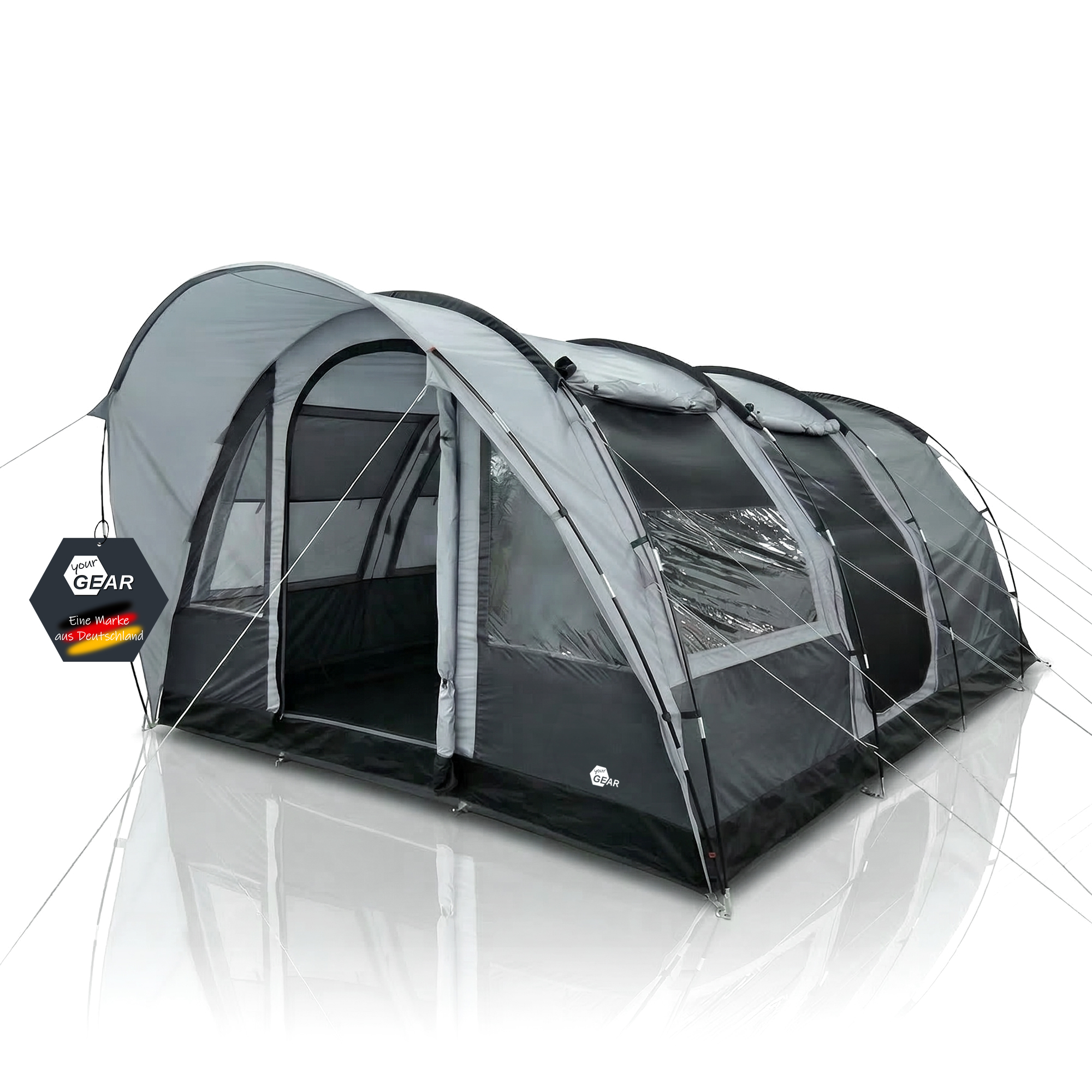 your GEAR Bora 5-person grey tunnel family tent with large porch, upright 195 cm headroom, waterproof 5000 mm bathtub groundsheet, multiple arched poles, front and side windows, and guy lines visible