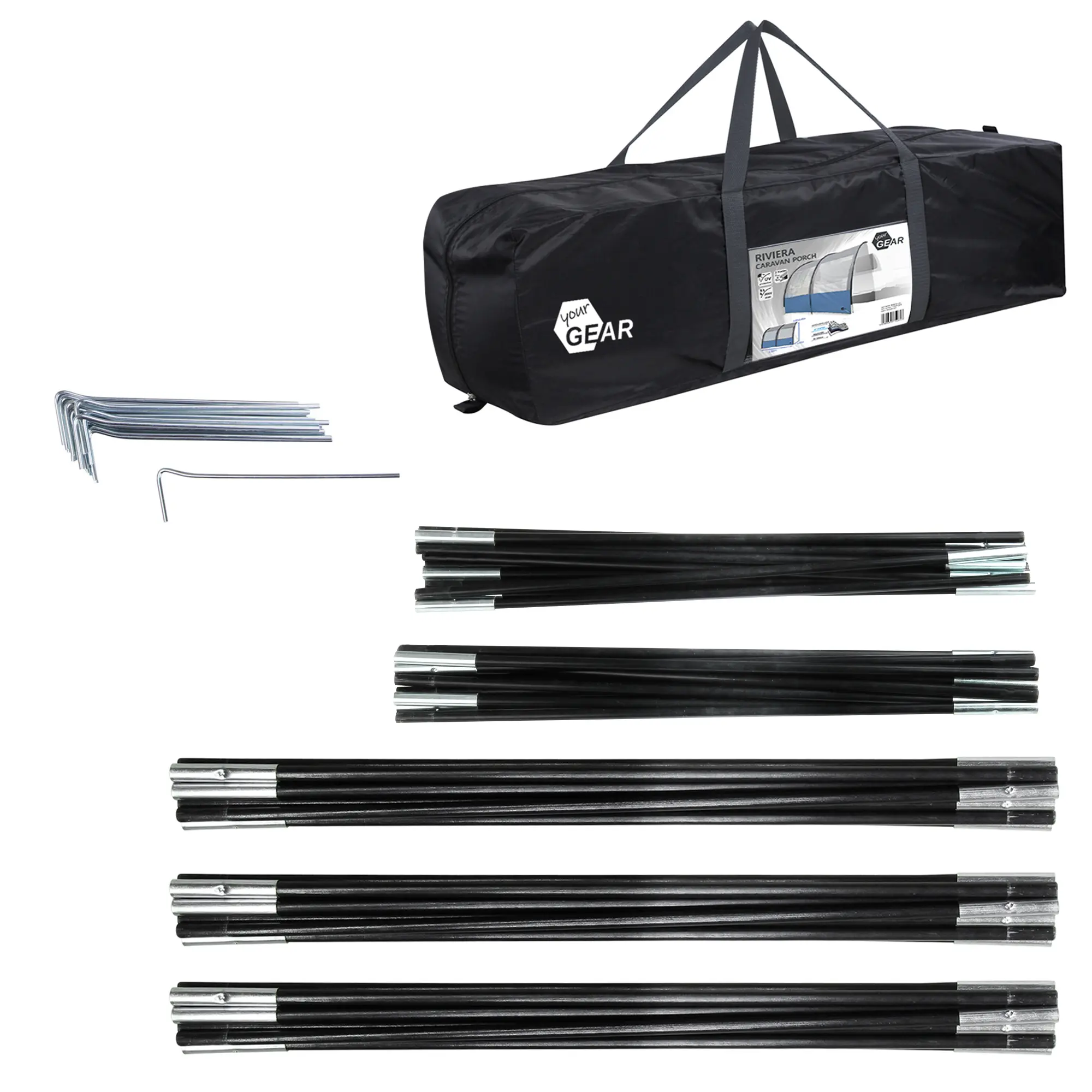 Bolsa de transporte negra your GEAR con varillas metálicas y piquetas incluidas, parte del set para el avancé Riviera 200x260 cm, ideal para caravana, autocaravana o camping, protección solar y UV 50+.
