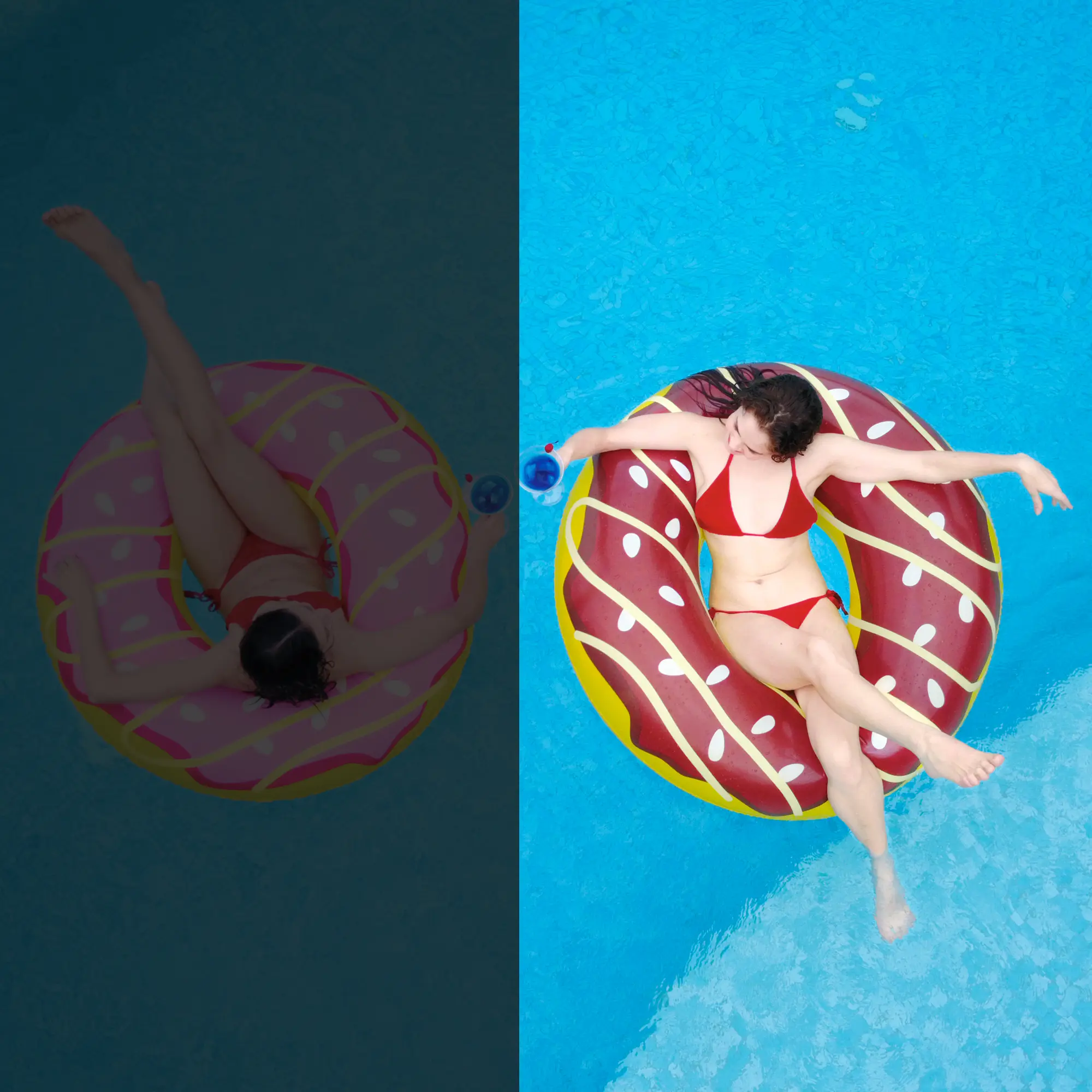 XL brown donut-shaped swim ring by Jilong, Ø 110x30 cm, with white and yellow icing design, floating in a pool with a woman in a red bikini lounging on it. Ideal for pool or beach fun.