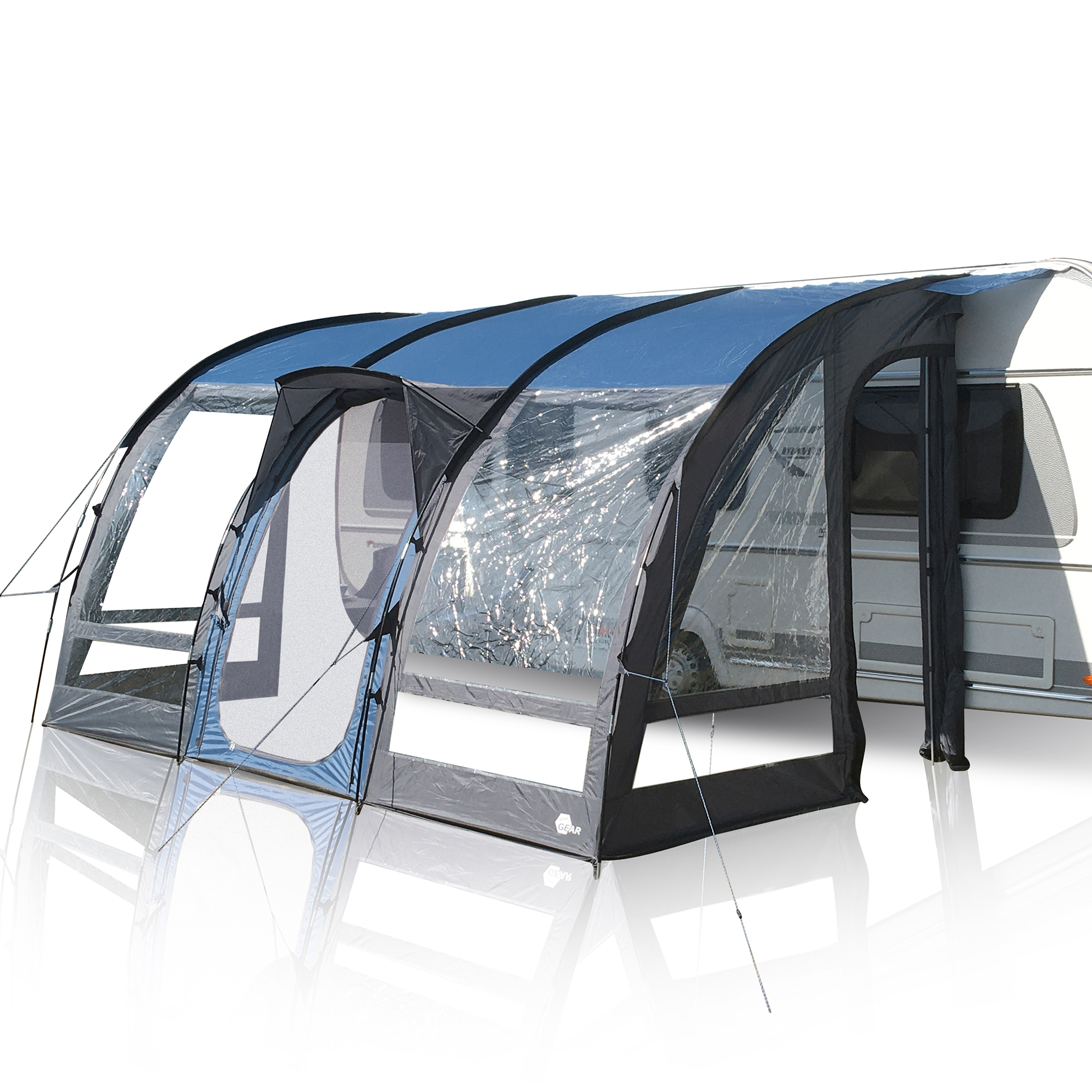 Auvent de caravane yourGEAR Verona 390, 10m², avec grandes fenêtres panoramiques, toit bleu, parois transparentes, montage facile, résistant à l’eau 5000mm, adapté aux caravanes, protection UV 50+.