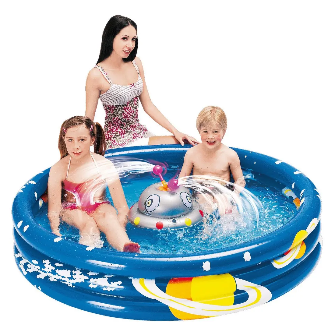 Piscina per bambini Jilong Ufo Spray Pool Ø150x30cm, blu con decorazioni spaziali, spruzzatore a forma di UFO centrale, due bambini che giocano nell’acqua, adatta per il gioco all’aperto.