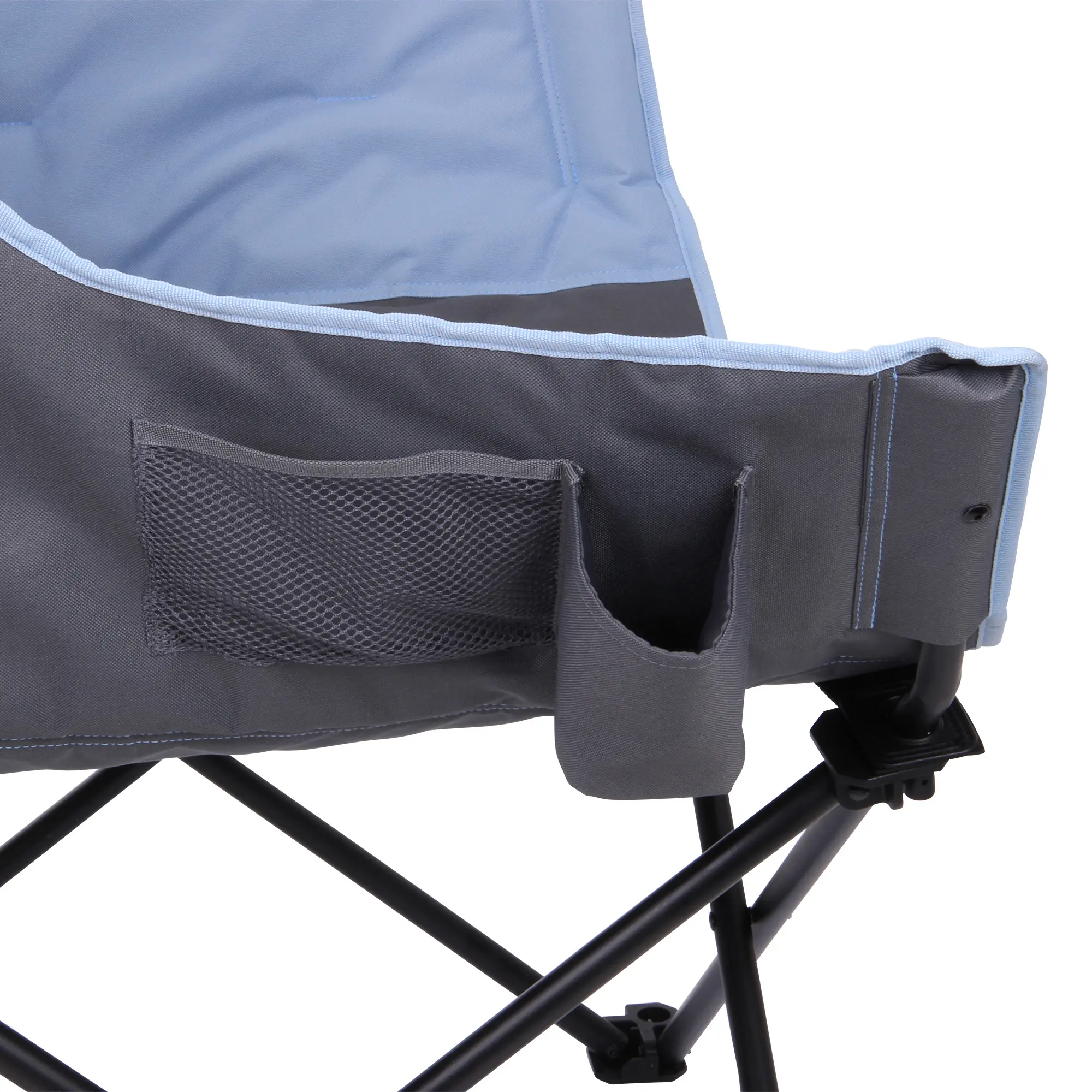 Silla de camping XXL 10T Jace Arona en azul y gris con reposabrazos acolchados, bolsillo lateral de malla y portavasos integrado, estructura plegable y resistente, ideal para exteriores.