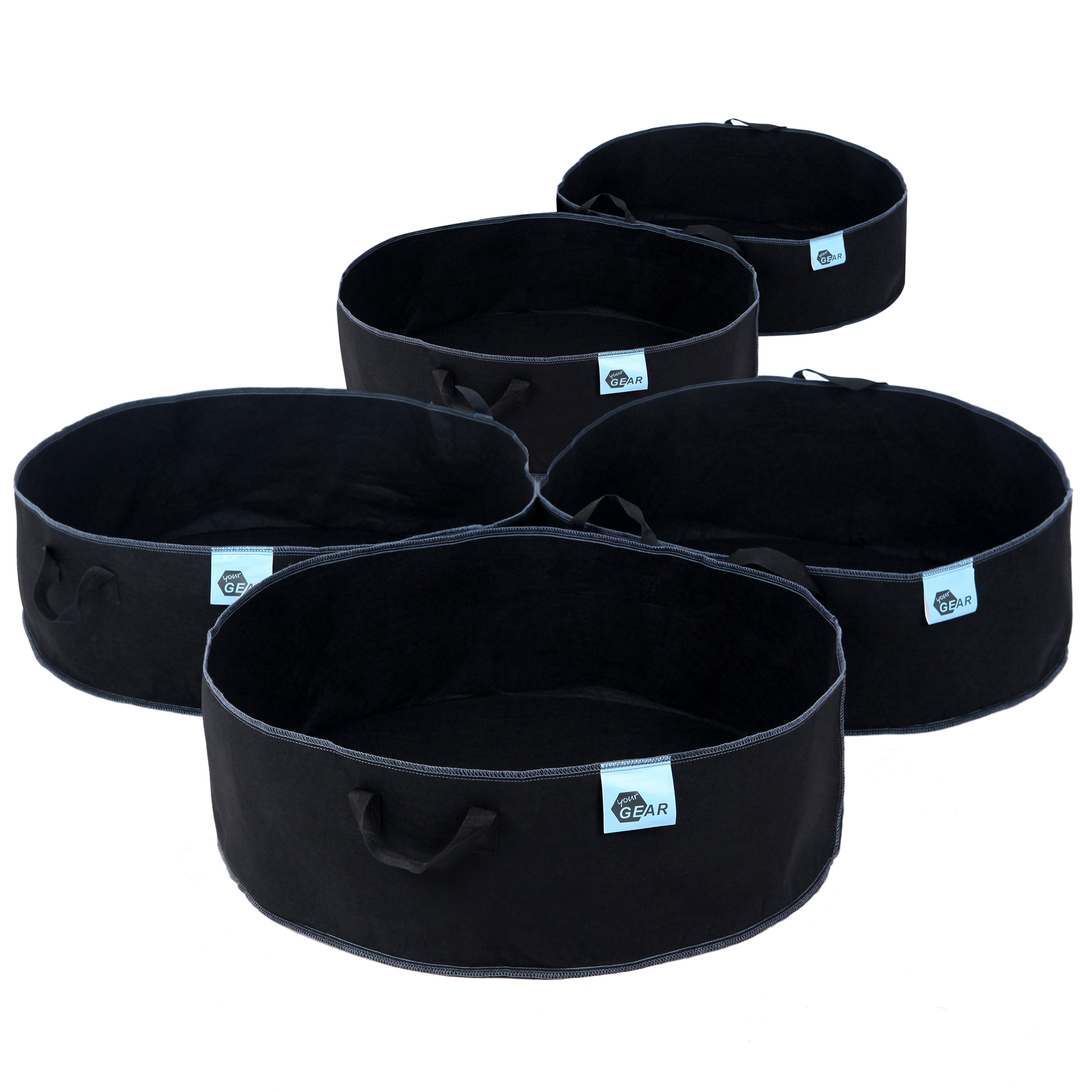 5 bolsas de cultivo yourGEAR de 60L, color negro, hechas de tela transpirable con asas laterales y etiqueta visible, ideales para plantar y transportar plantas; diseño redondo de 61x20 cm.