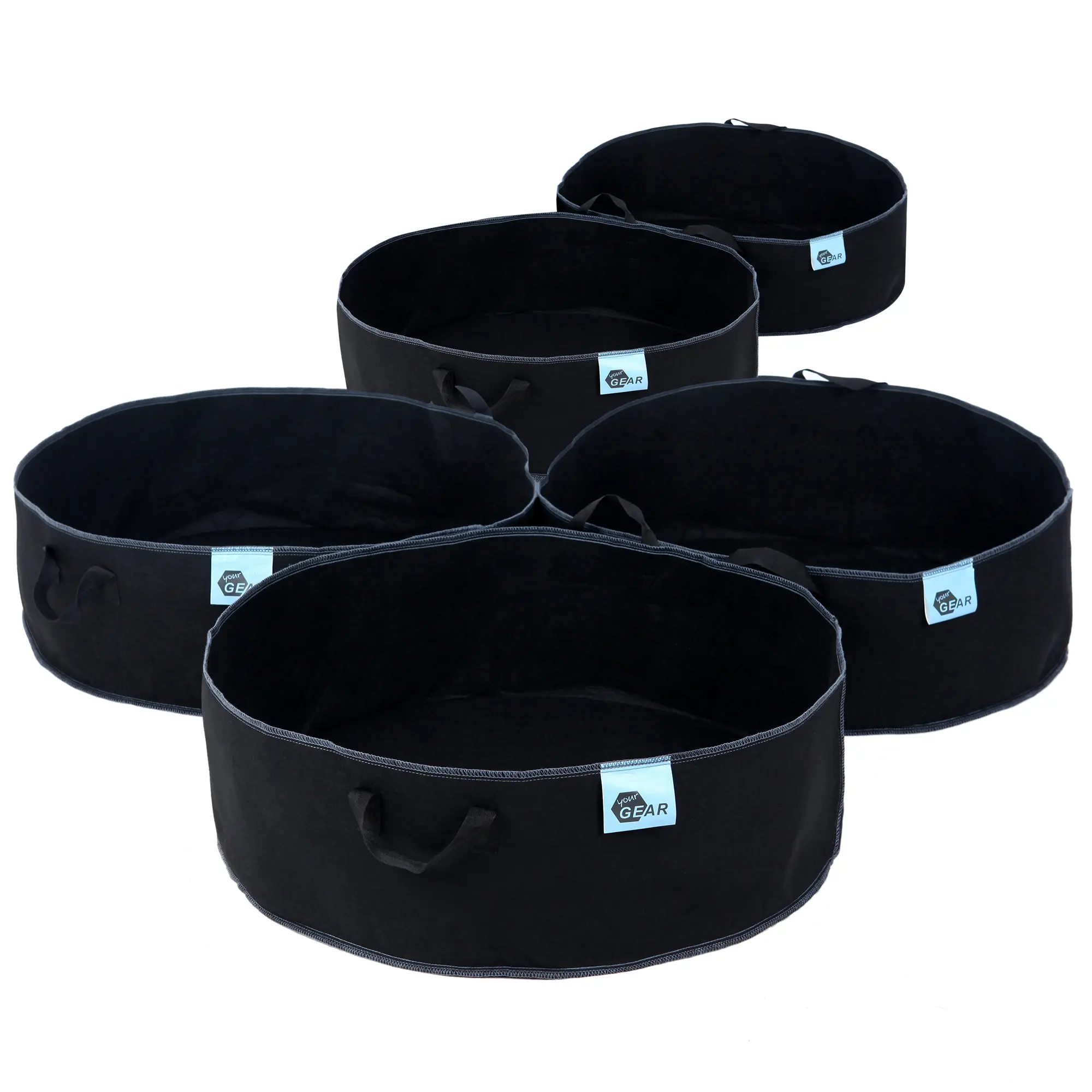 Set di 5 yourGEAR Grow Bags neri da 60L, rotondi, Ø 61x20 cm, in tessuto non tessuto traspirante, con manici robusti e cuciture rinforzate, ideali come sacchi per piante e ortaggi riutilizzabili.