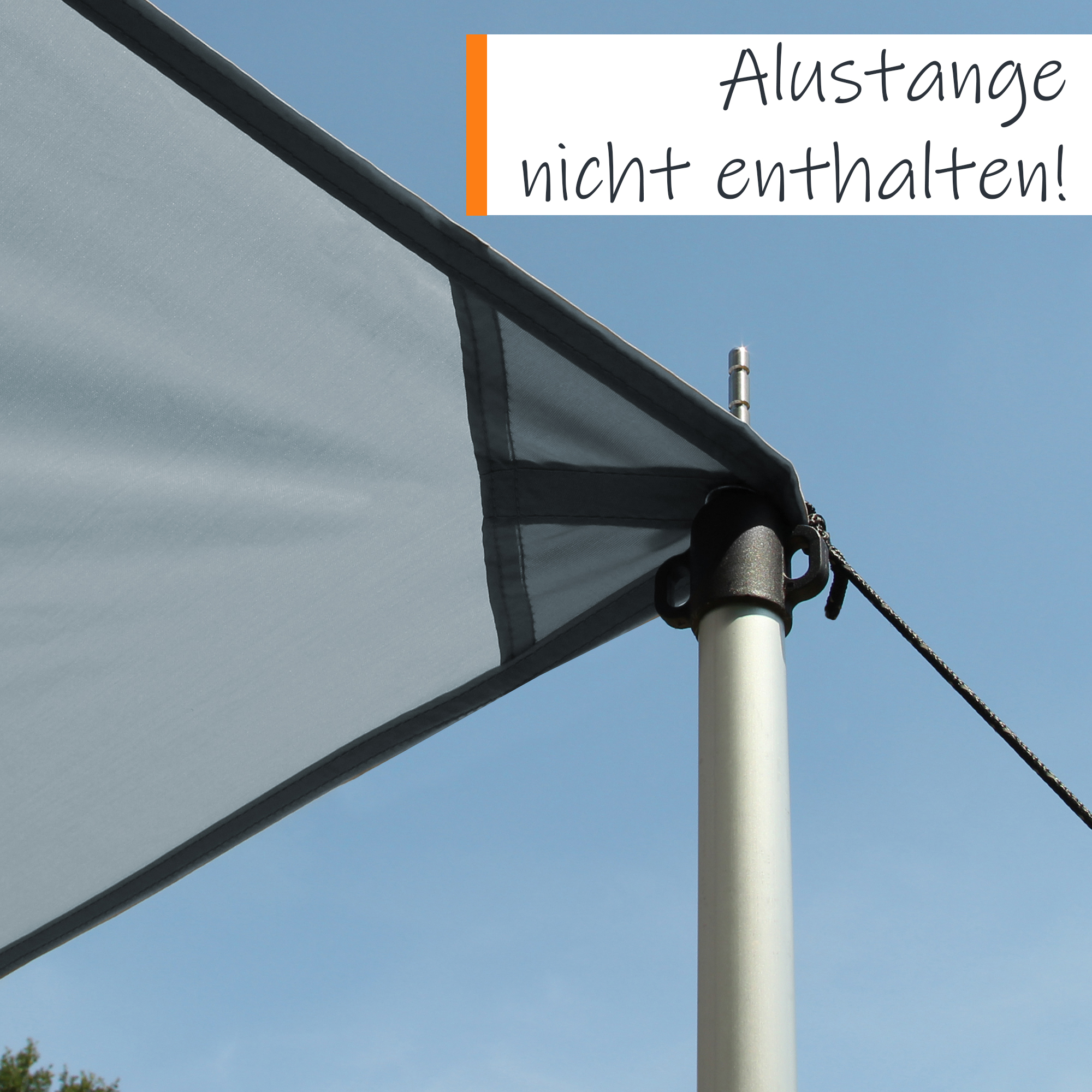 Gray rectangular caravan tarp corner stretched on a telescopic pole, reinforced stitched hem and guyline attachment visible against blue sky, your GEAR Cavoli 300x240 cm sunshade (UV50+, without poles)