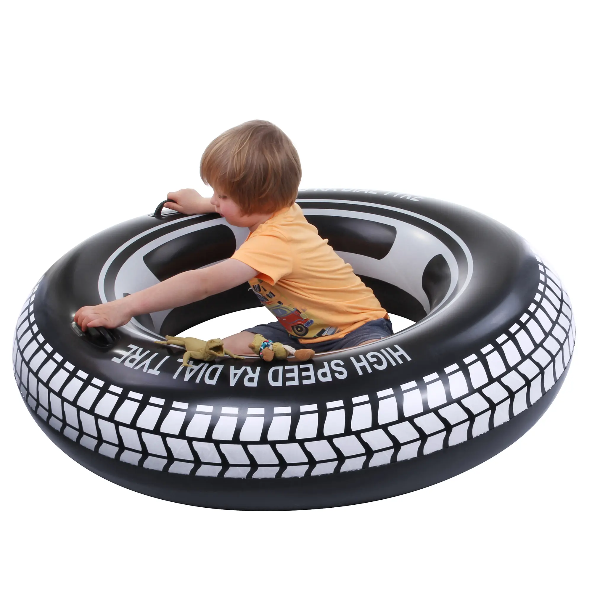 Jilong XL swimming ring in black tyre design, 110 cm diameter, with two handles. A child sits inside, demonstrating size and use as a pool chair or floating seat. Ideal for pool, lake or beach.