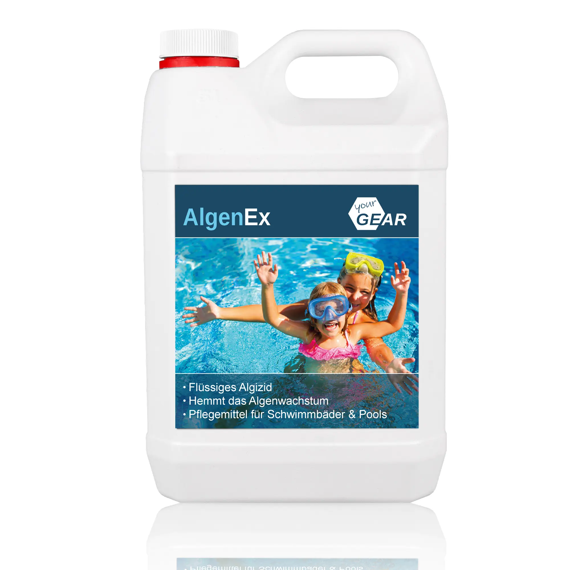 Bidone yourGEAR 3 L AlgenEx, concentrato antialghe schiuma-free per piscina, etichetta blu con foto di due persone in acqua e descrizione: algicida liquido, previene alghe, per piscine e piscine.