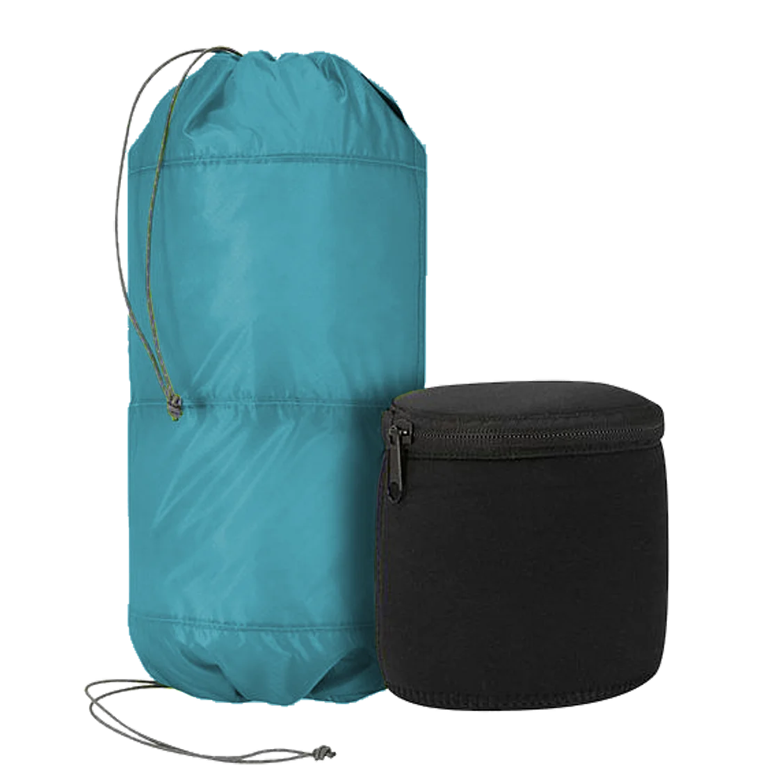 Sac de rangement Trekmates 6L bleu à double ouverture avec cordon, accompagné de deux boîtes en néoprène noires zippées pour la protection des objets, idéal pour la randonnée et le stockage étanche.