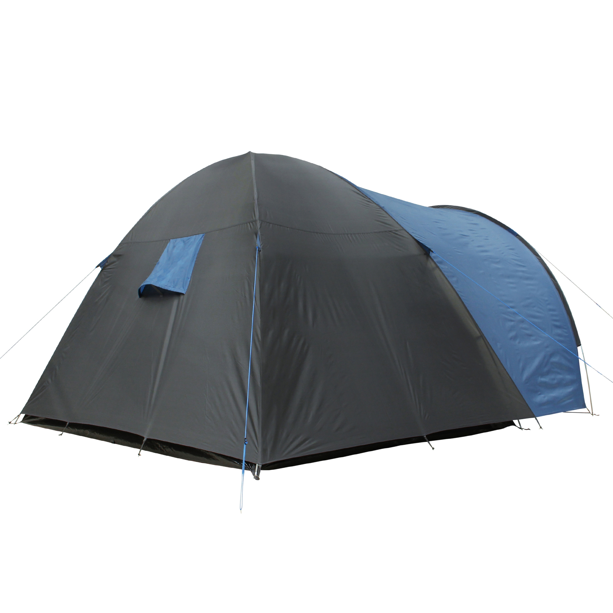 your GEAR Cetona 4 dome tent for 4 people, blue and grey, with spacious living area, side entrance, and stand-up height. Waterproof camping tent with 3000 mm water column, ideal for family trips.