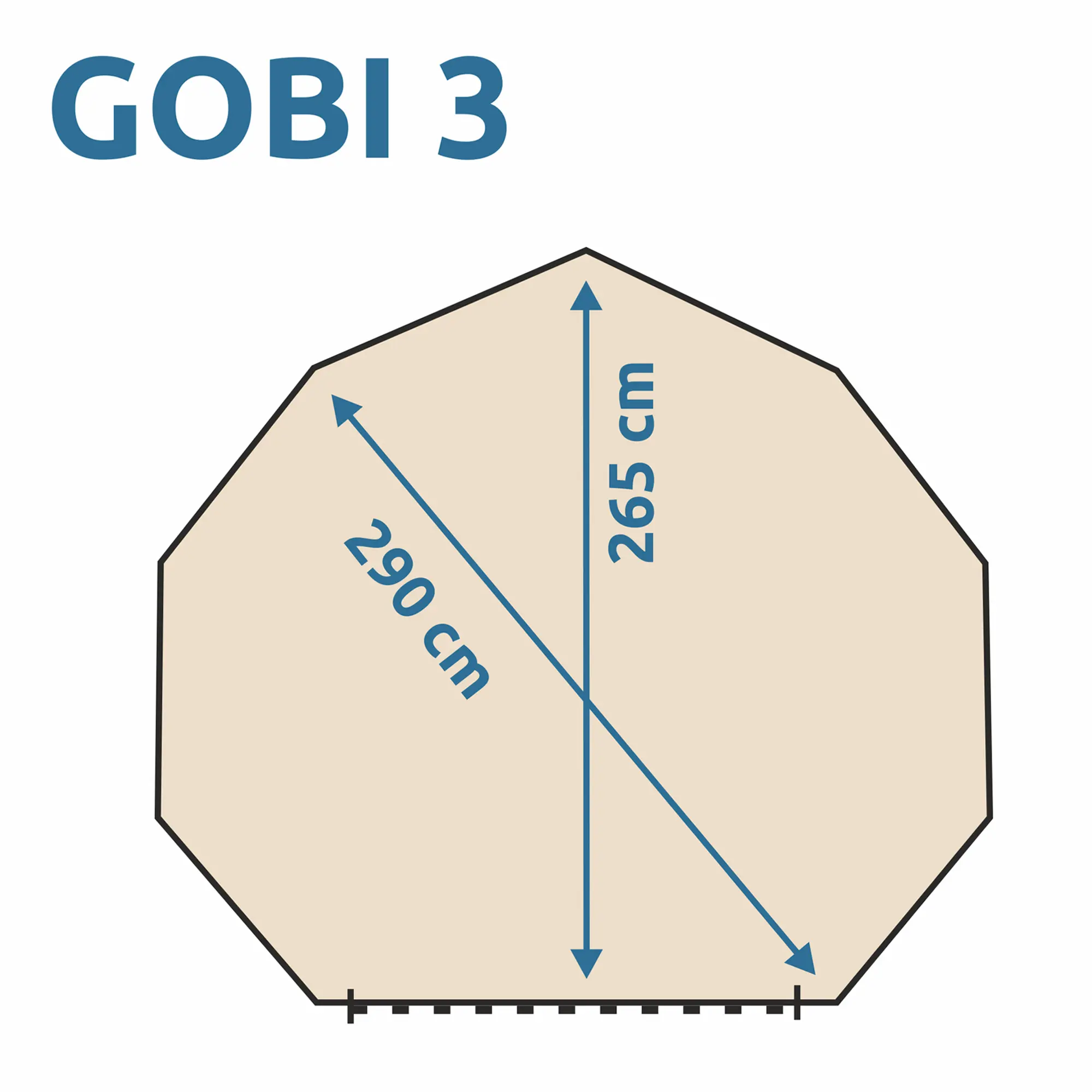 Top view of your GEAR Gobi 3 tipi tent floor plan showing octagonal shape with dimensions: 290 cm diagonal and 265 cm width. Suitable for 2-3 people. UV50+ cotton tent, no center pole.