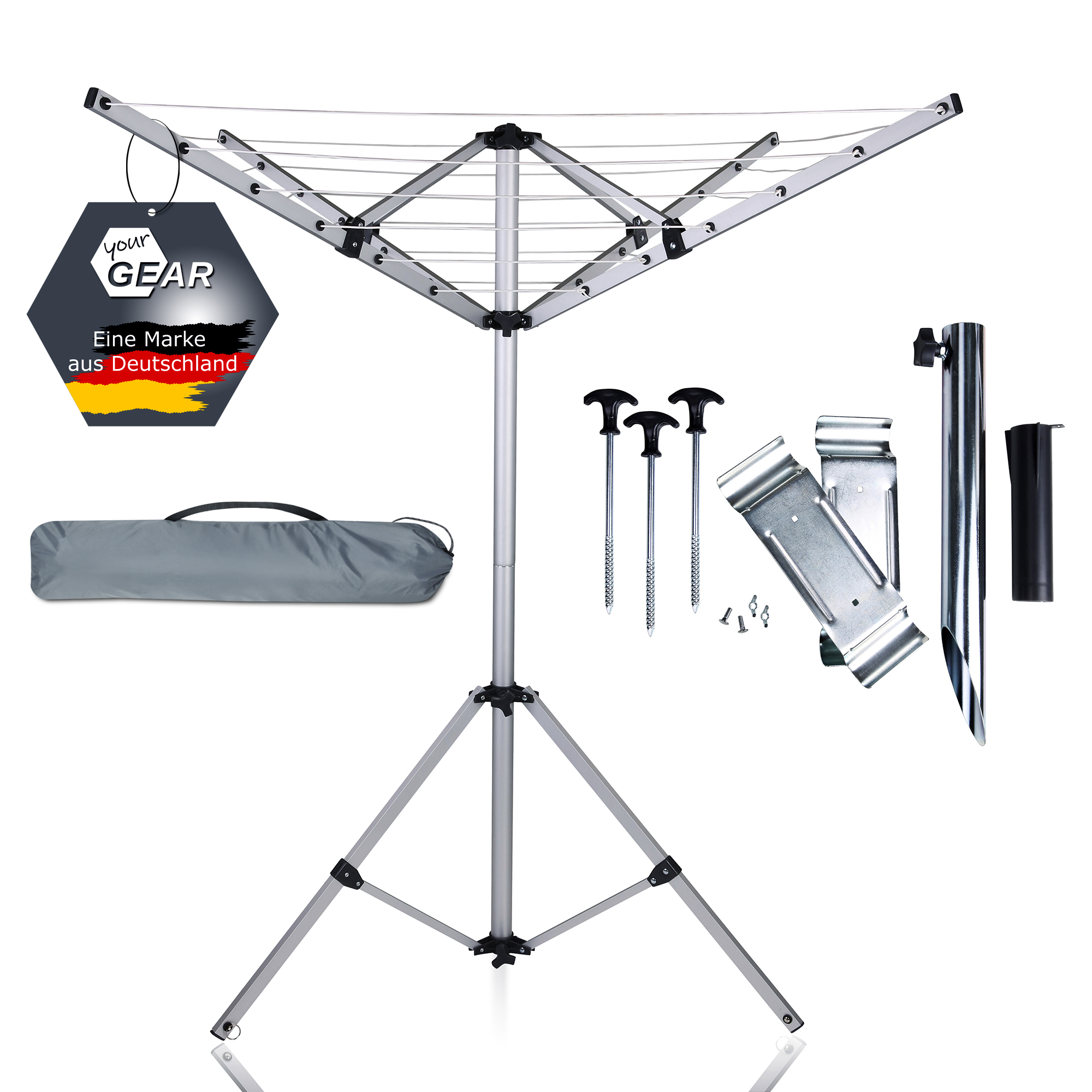 your GEAR Siena Caravan - alu rotary clothesline, 4-arm dryer with jockey wheel mount, stand base