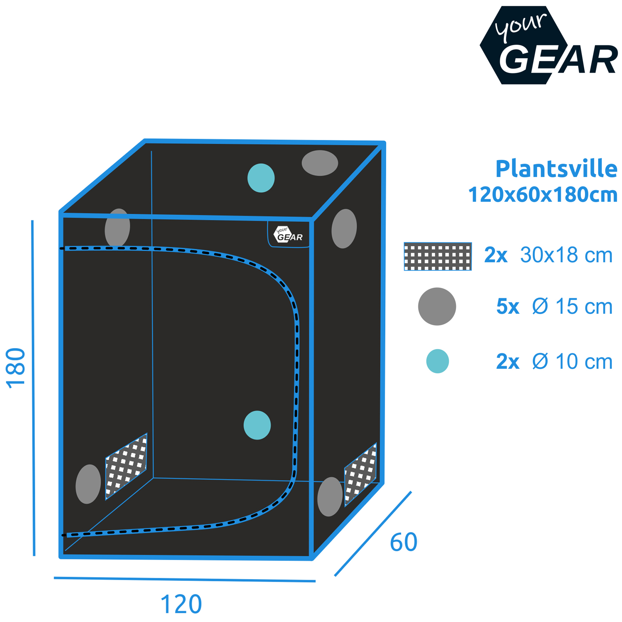 Growzelt yourGEAR Plantsville, Indoor-Zuchtzelt 120x60x180 cm, schwarze Box mit blauen Kanten, mehreren Belüftungsöffnungen und Gittern, ideal für Pflanzenanzucht im Innenbereich.