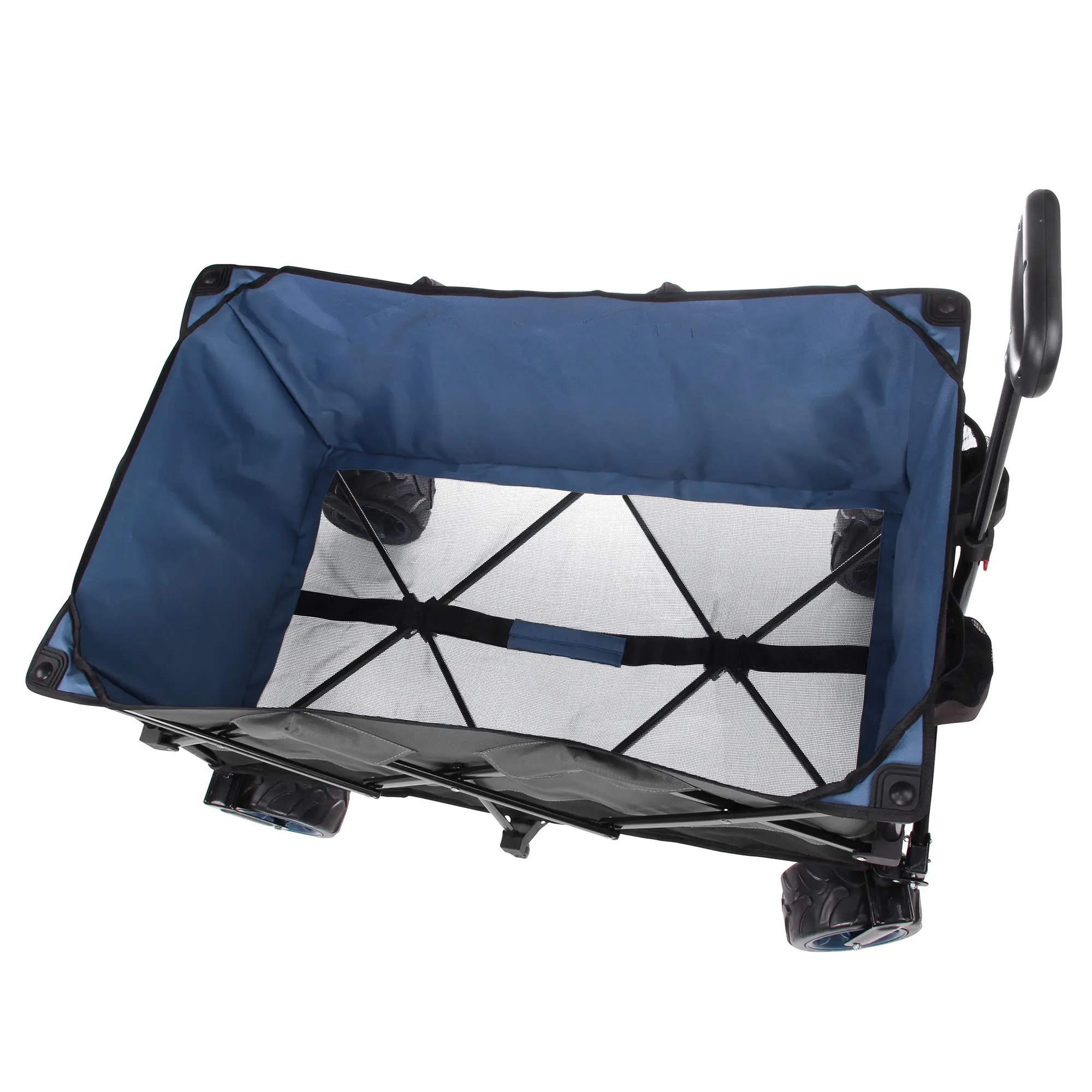 XXL yourGEAR Bollerwagen, faltbar, mit robustem blauen Stoff, 10 cm breiten Gummireifen, großem Innenraum und zwei Getränkehaltern, ideal für Strand und Outdoor, stabile Konstruktion, kompakt zusammenfaltbar.