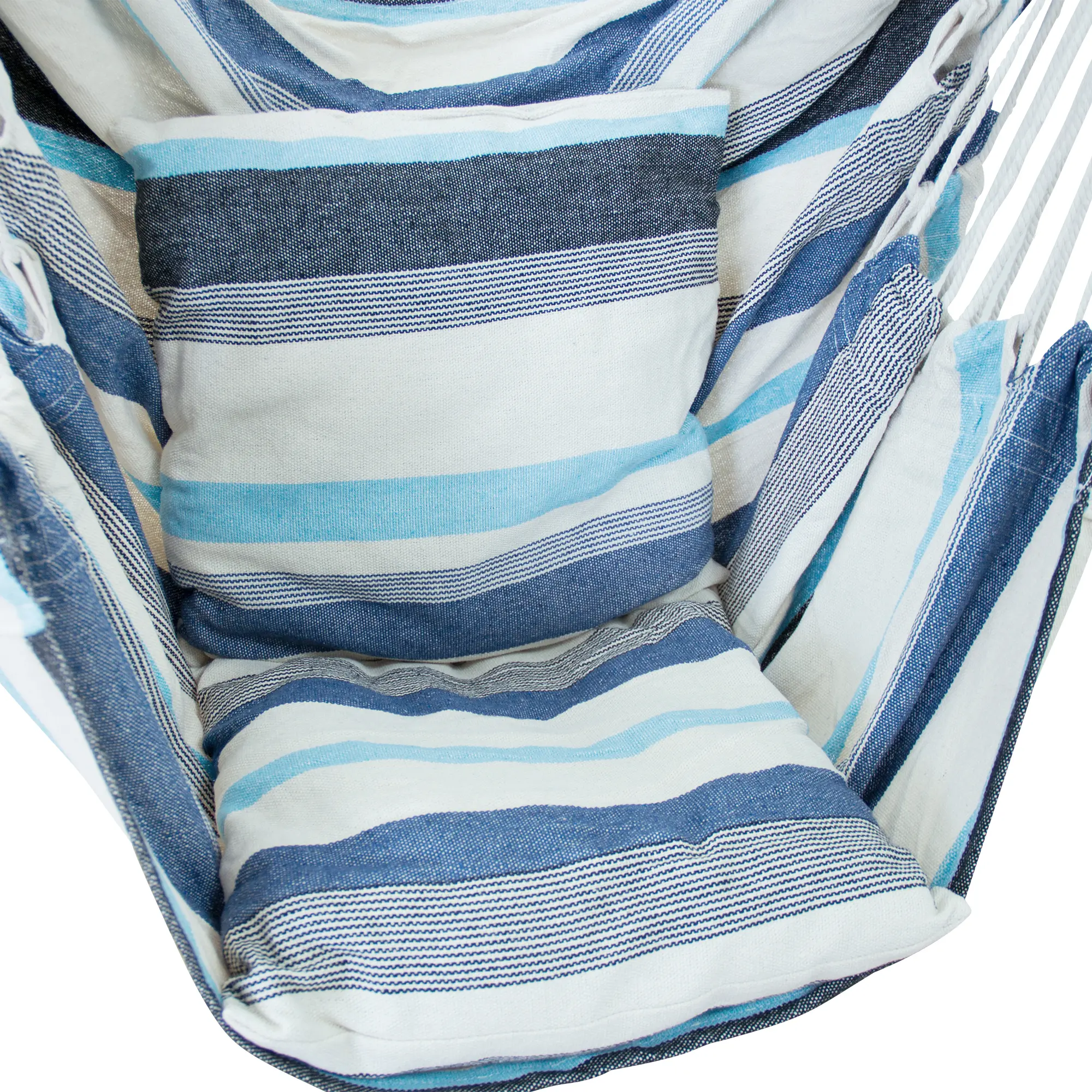 Hängesessel yourGEAR Lombok Aqua mit zwei herausnehmbaren, gestreiften Kissen in Blau-, Weiß- und Türkistönen, robuste Stoffstruktur, geeignet für 240 kg, ideal zum Entspannen im Innen- und Außenbereich.